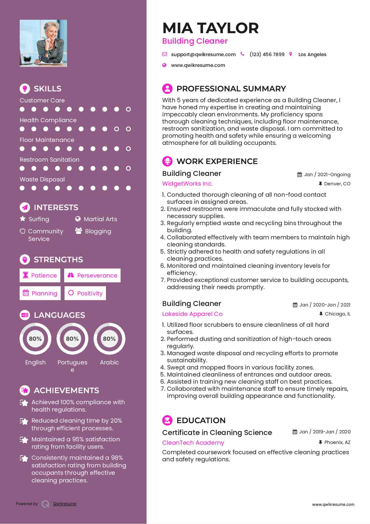 Building Cleaner Resume Example