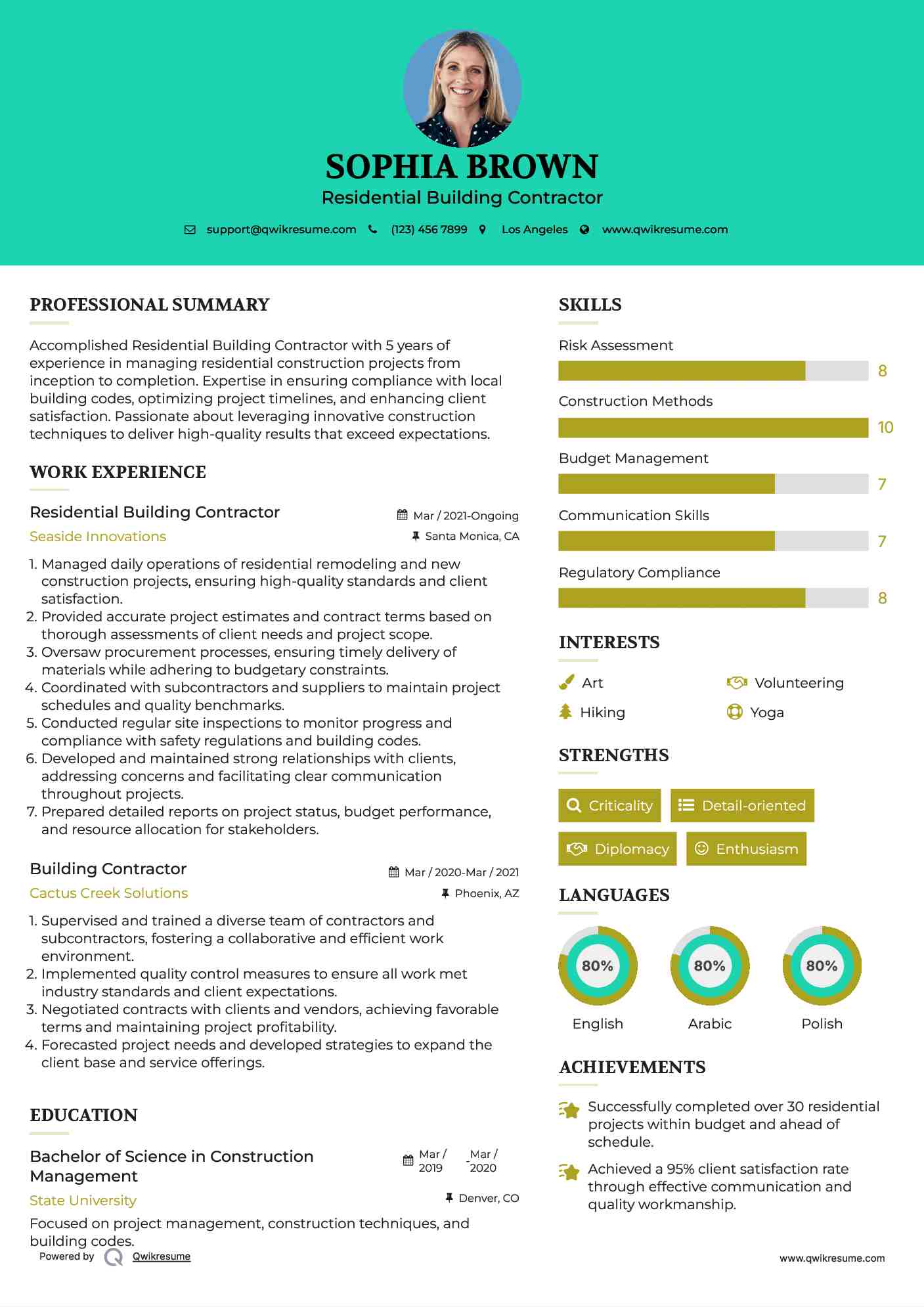 Residential Building Contractor Resume Model