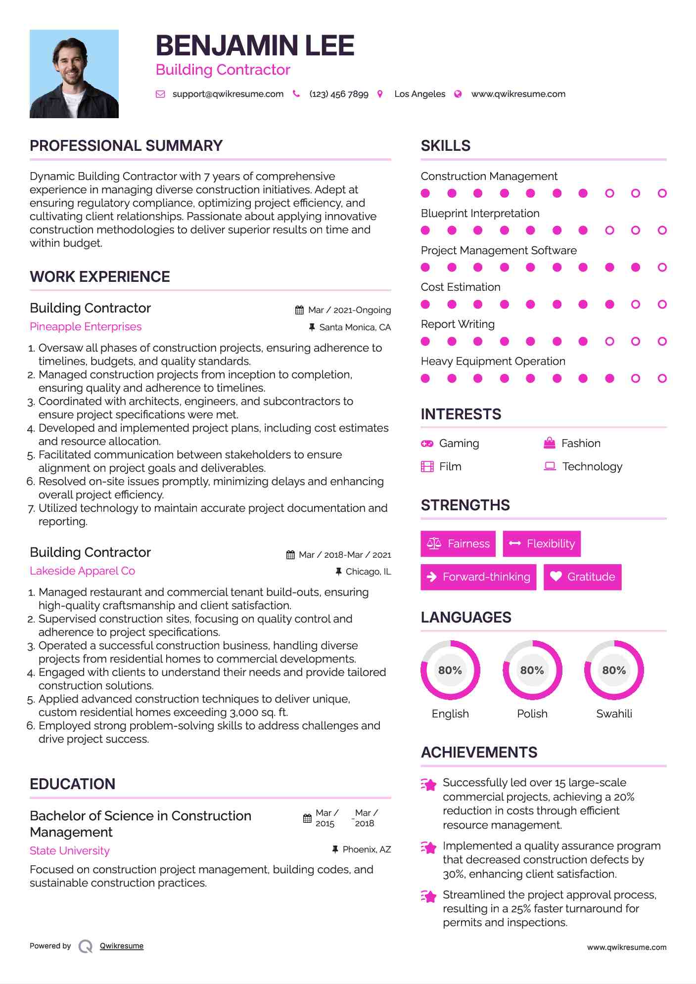 Building Contractor Resume Example