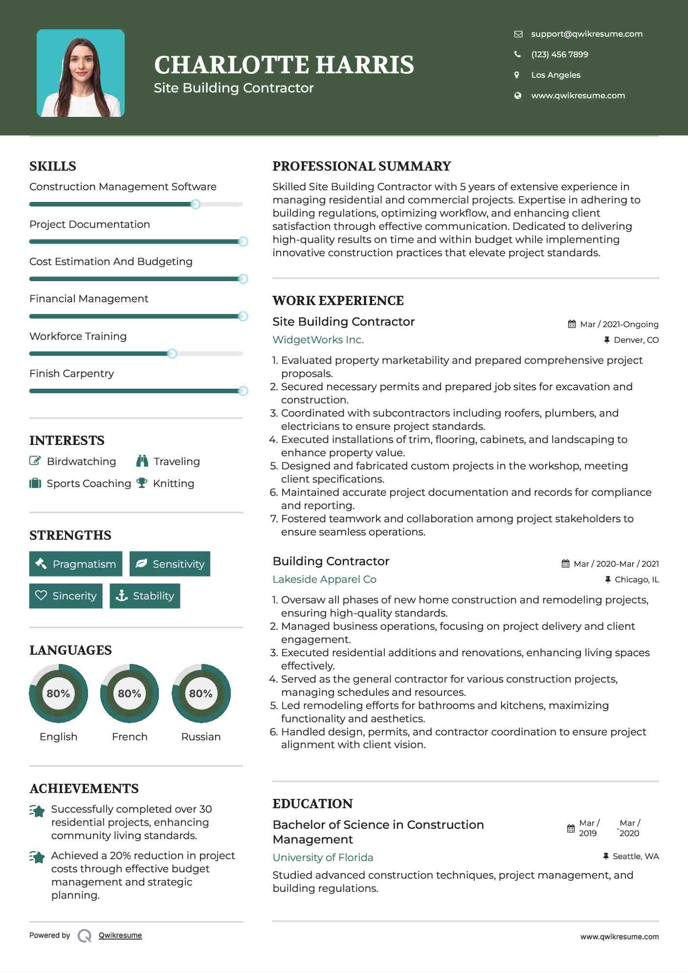 Site Building Contractor Resume Example