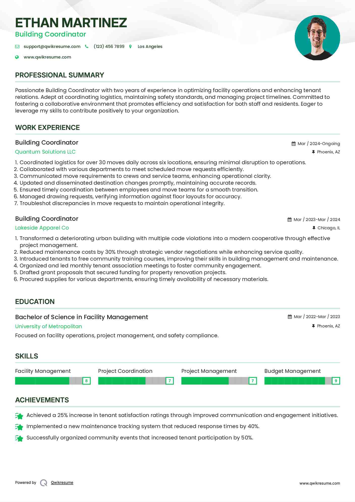 Building Coordinator Resume Sample