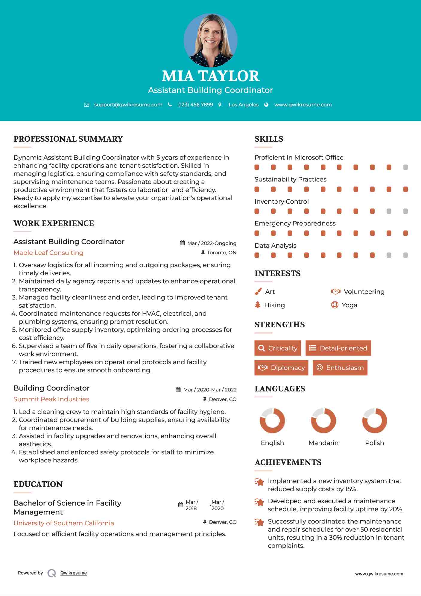 Assistant Building Coordinator Resume Model