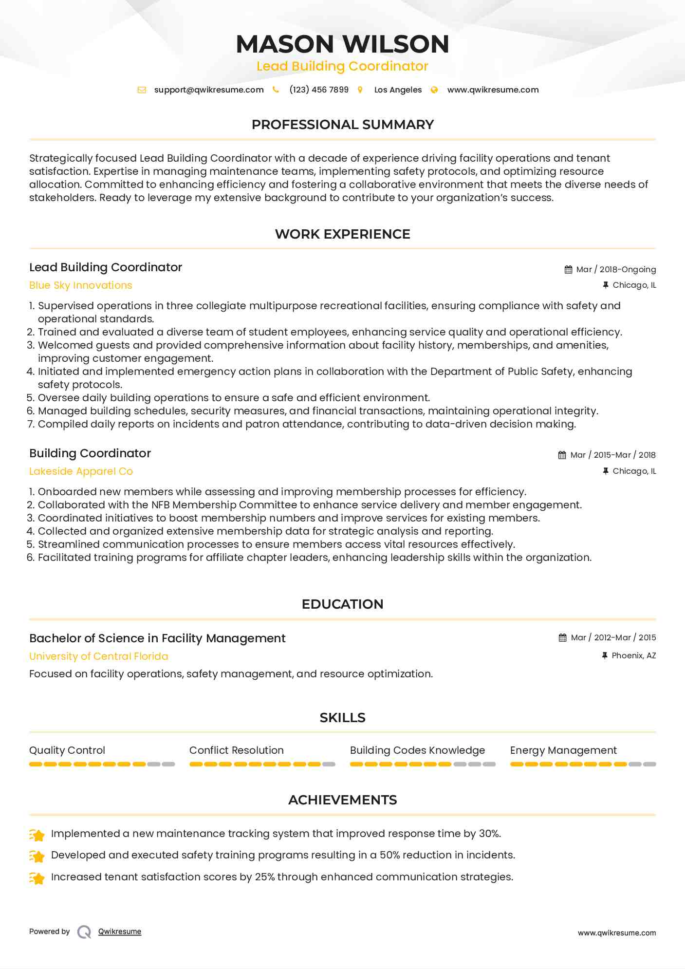 Lead Building Coordinator Resume Format