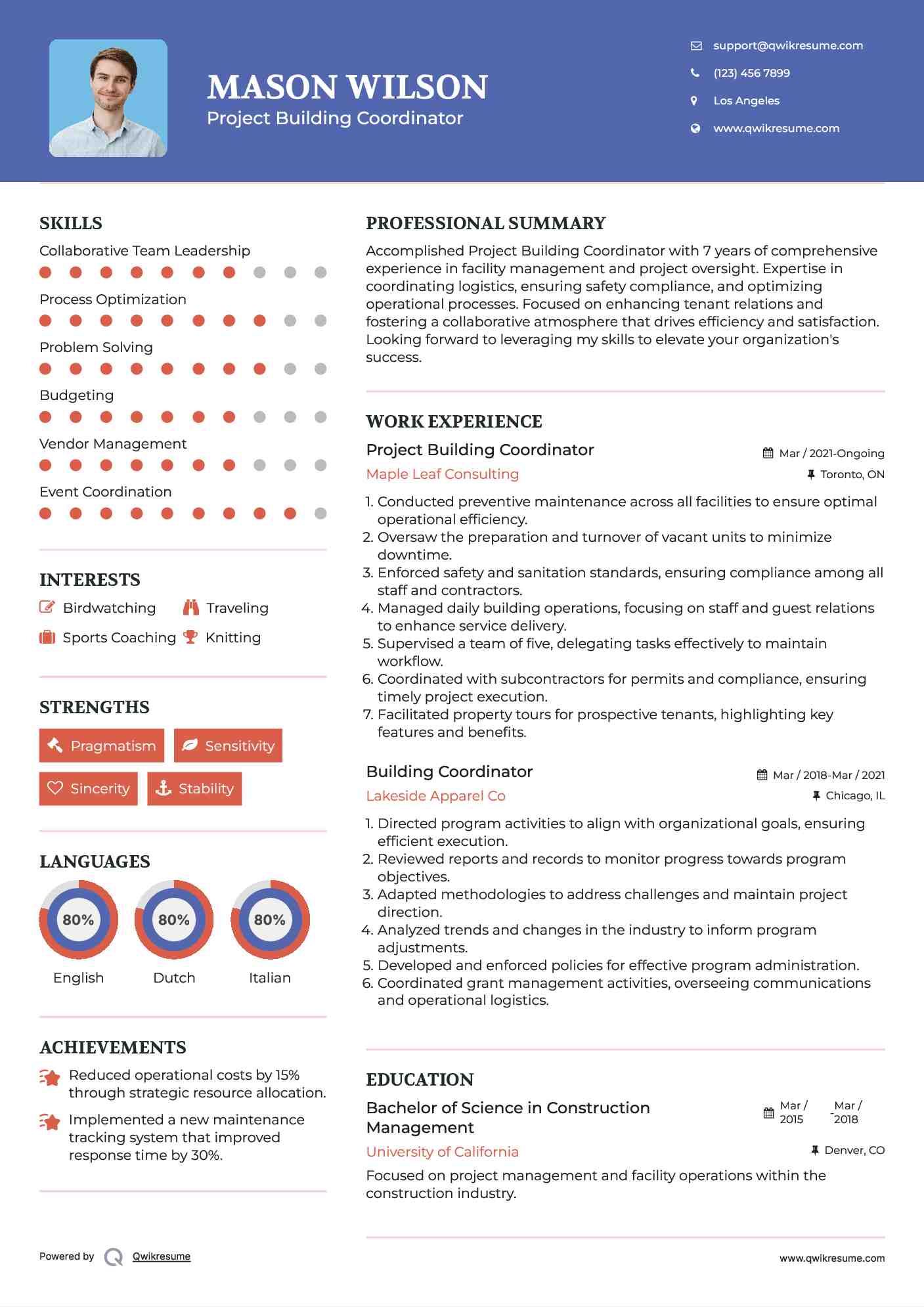 Project Building Coordinator Resume Sample