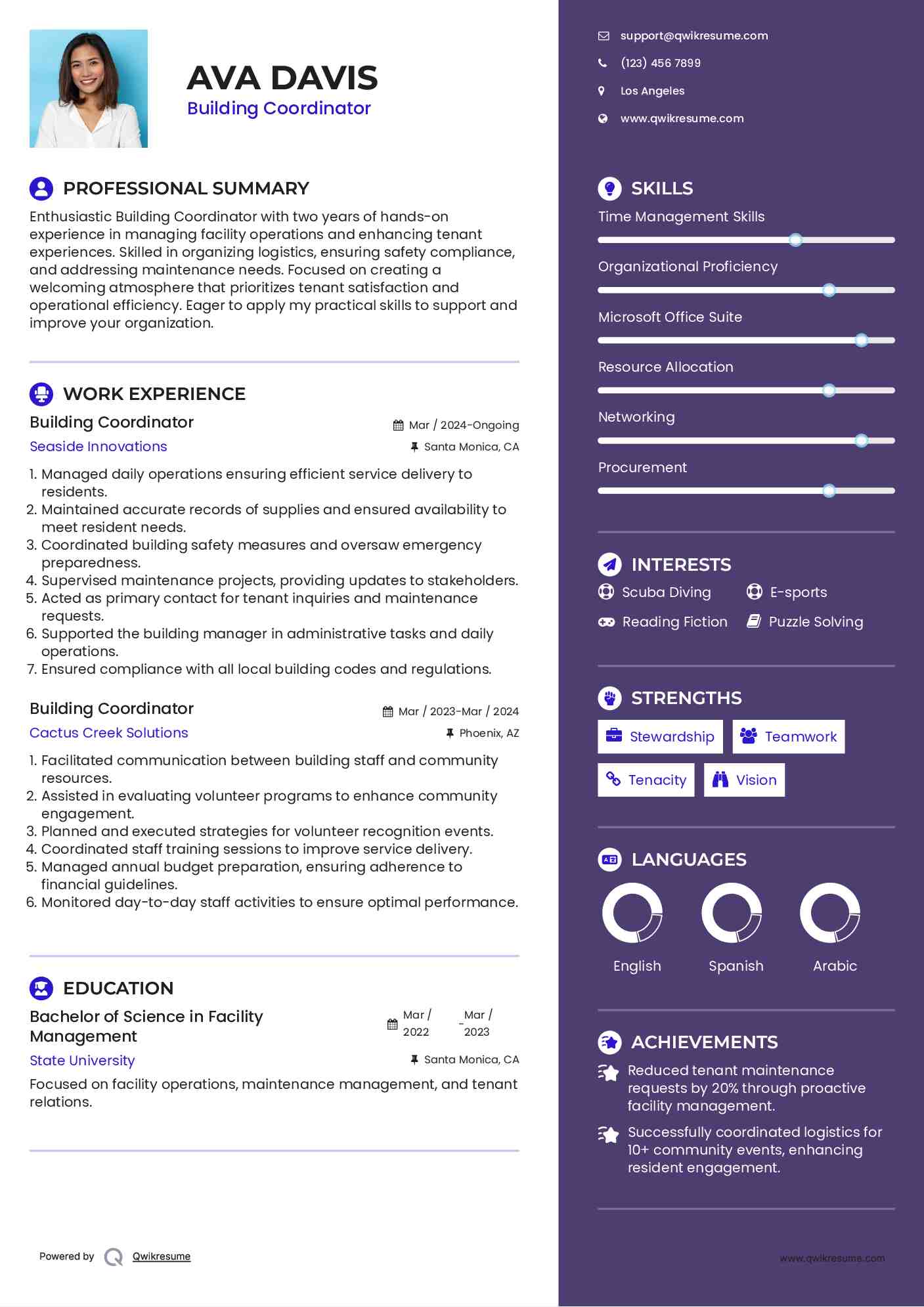 Building Coordinator Resume Example