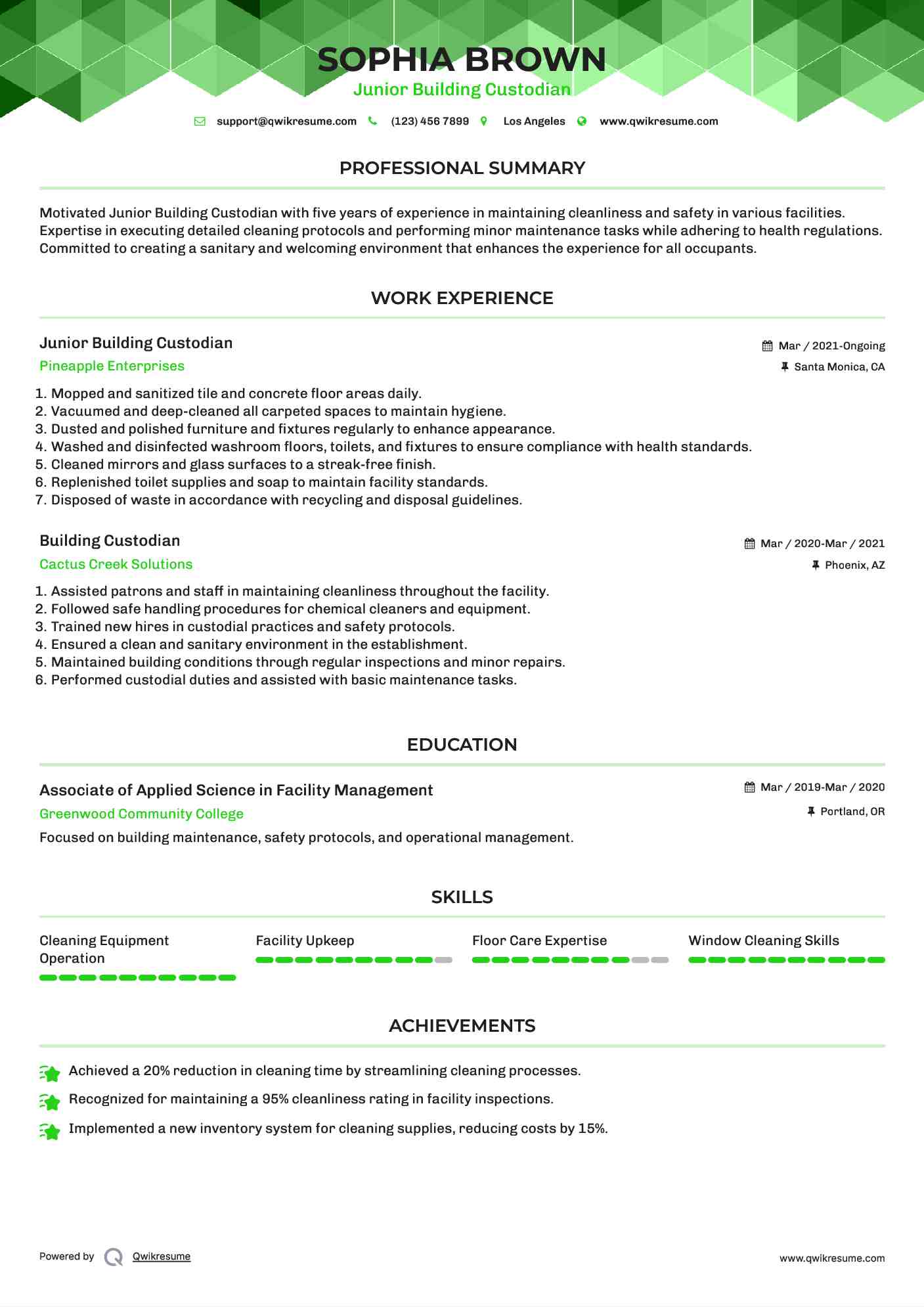 Junior Building Custodian Resume Example