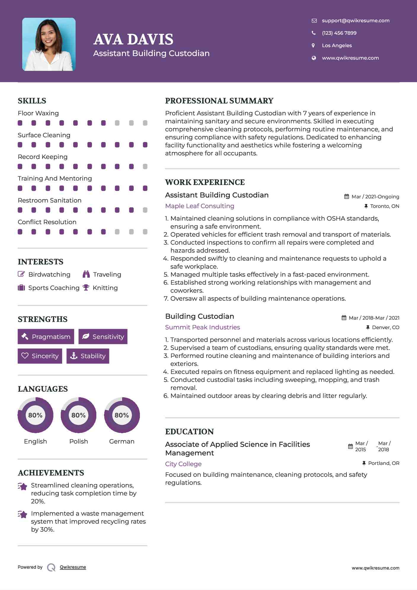 Assistant Building Custodian Resume Model