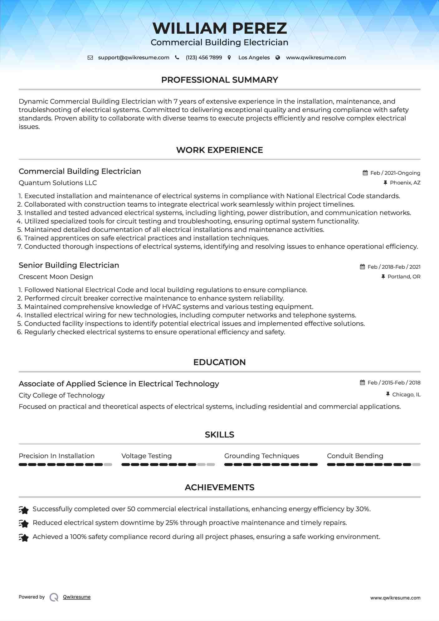 Commercial Building Electrician Resume Model