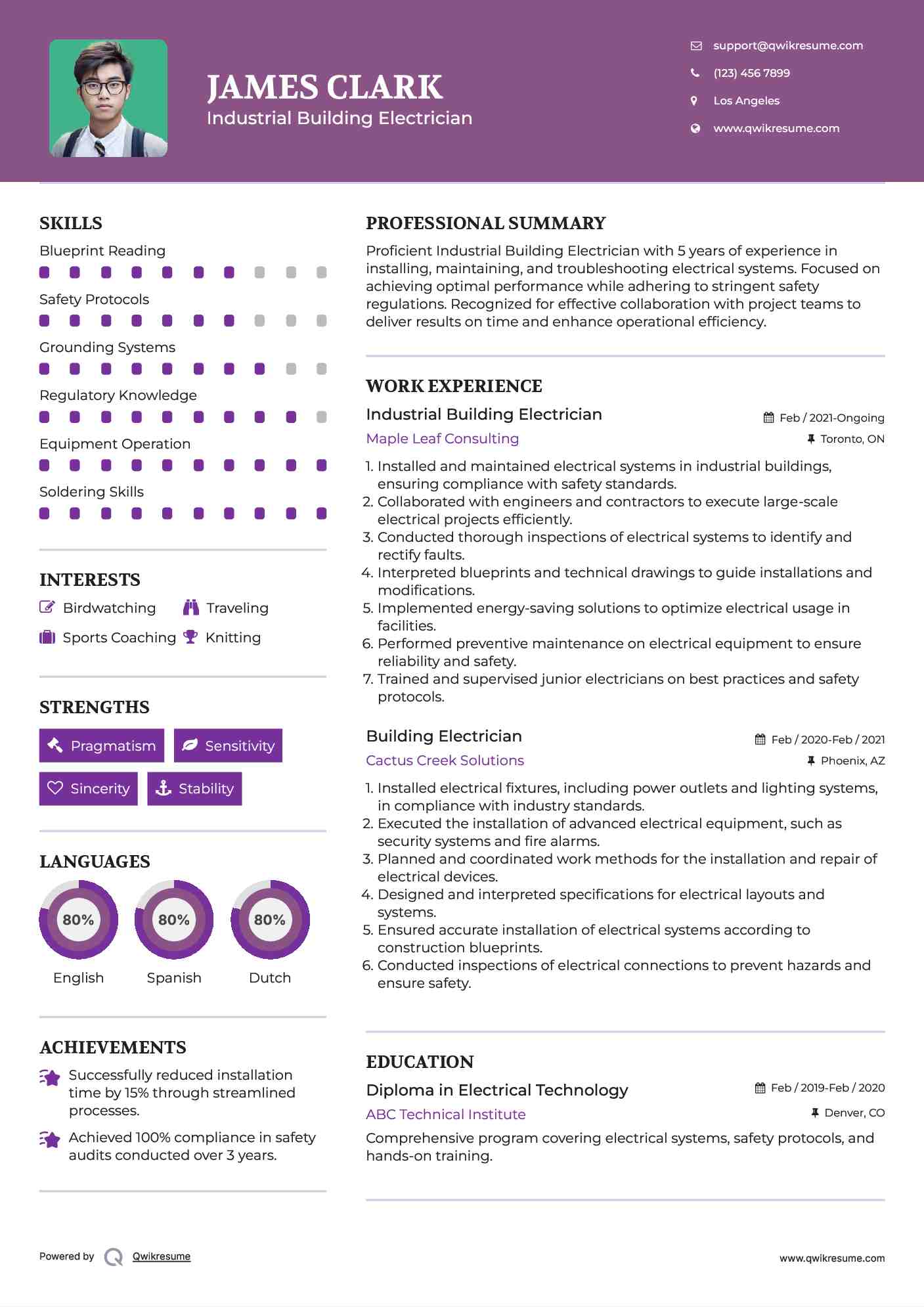 Industrial Building Electrician Resume Template