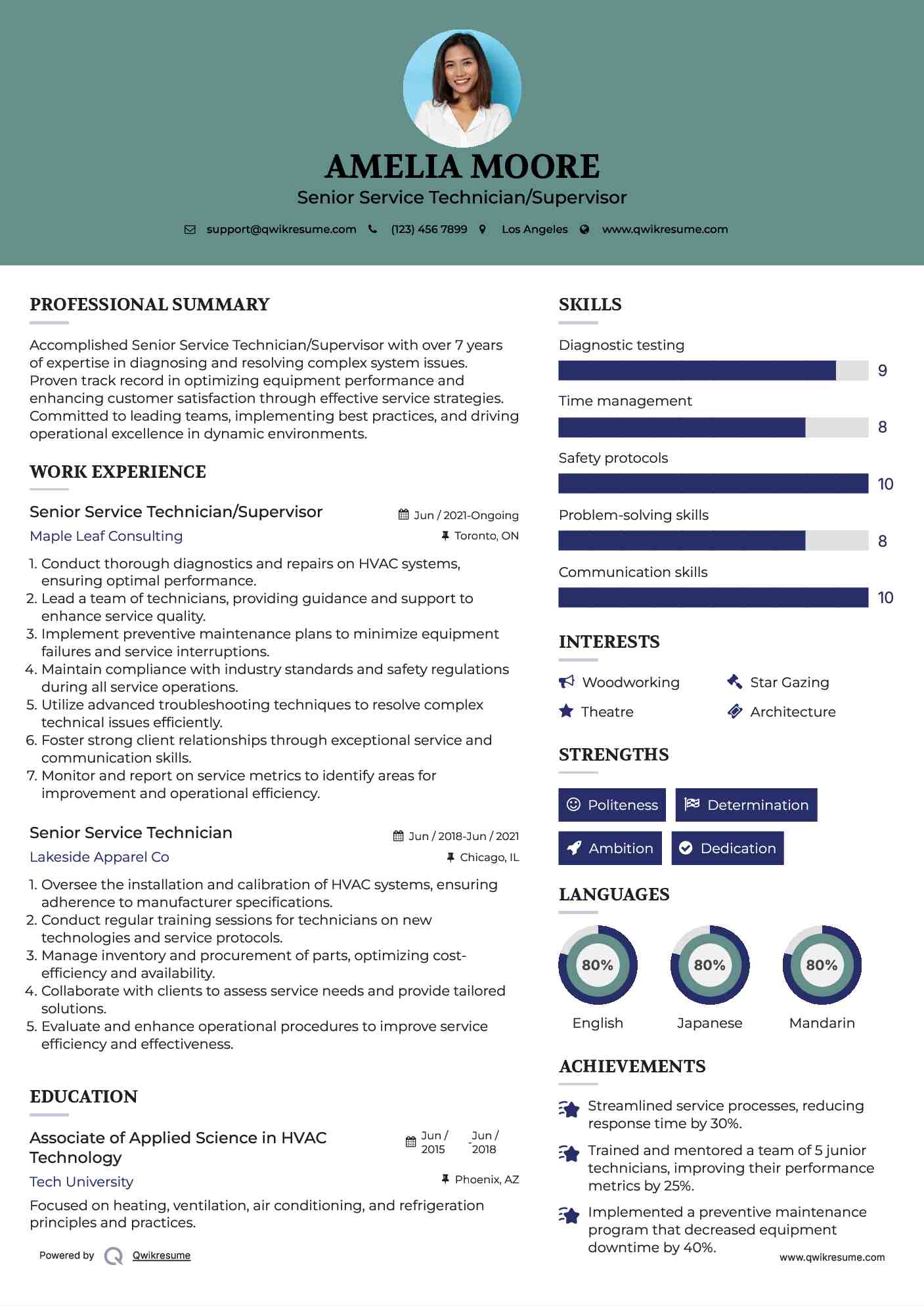 Senior Service Technician/Supervisor  Resume Sample