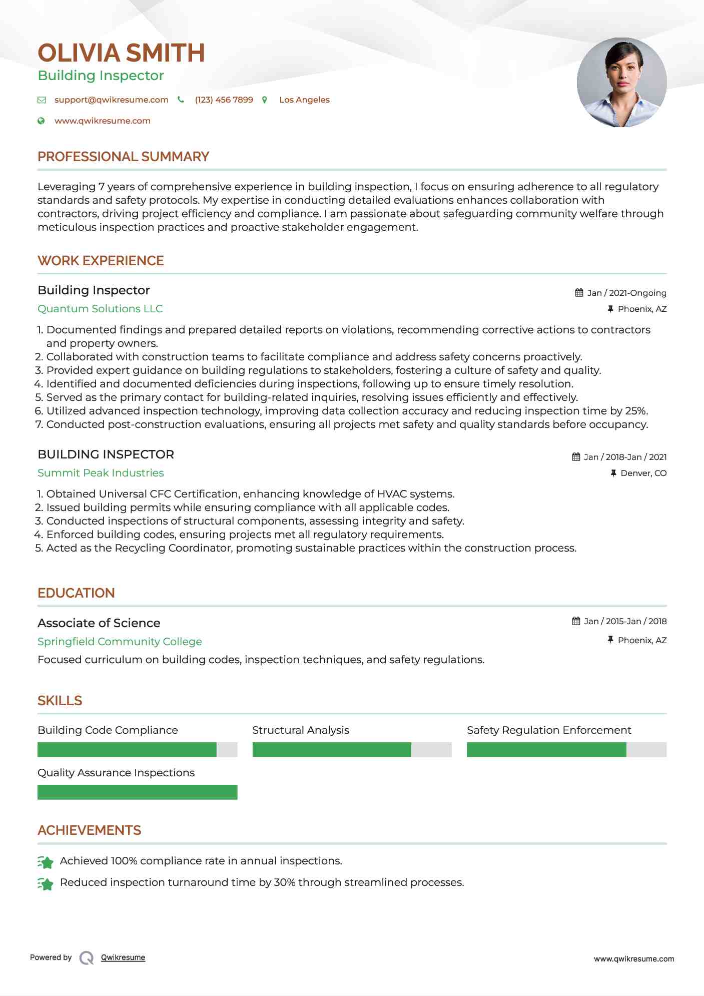 Building Inspector Resume Sample