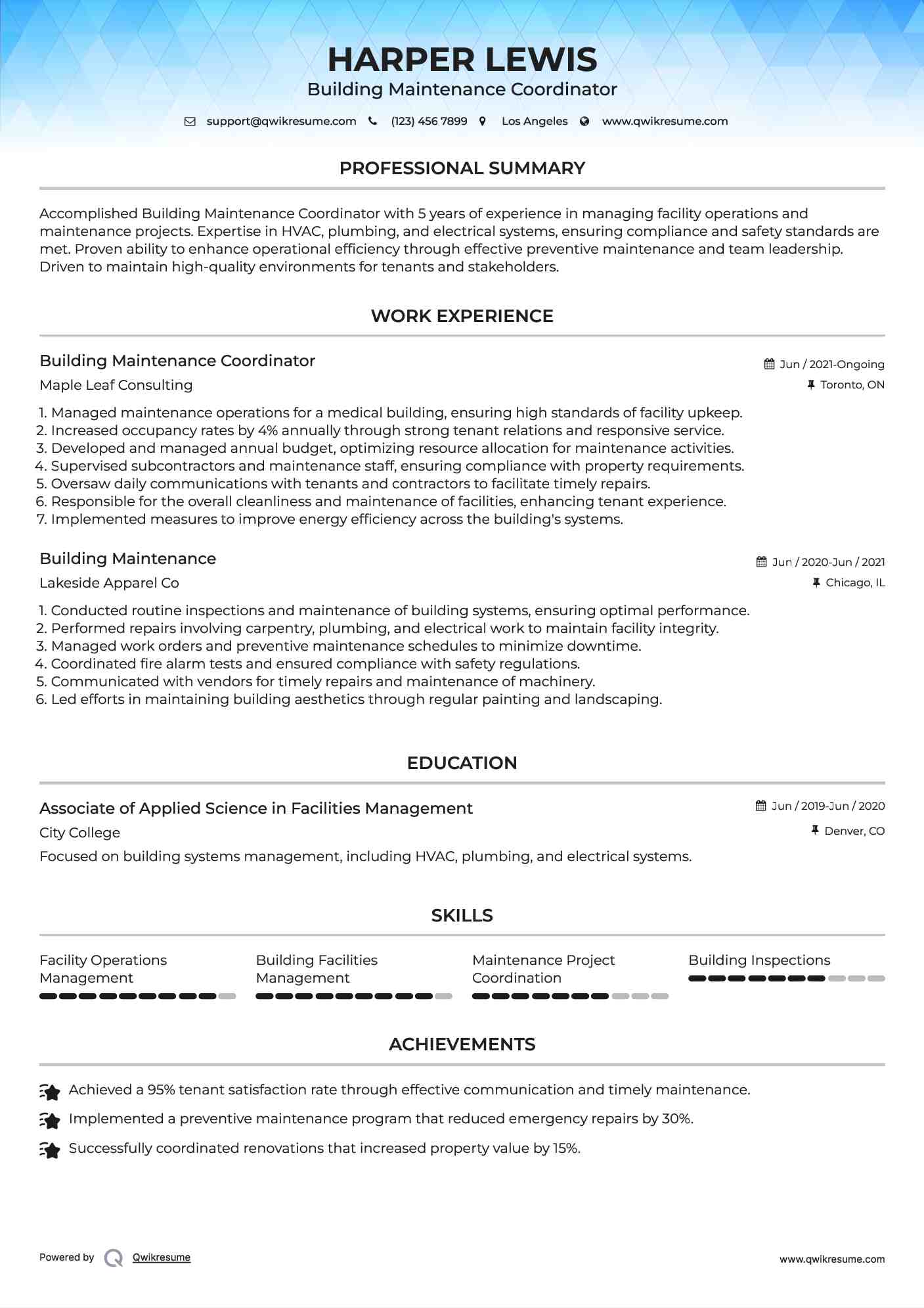 Building Maintenance Coordinator Resume Format