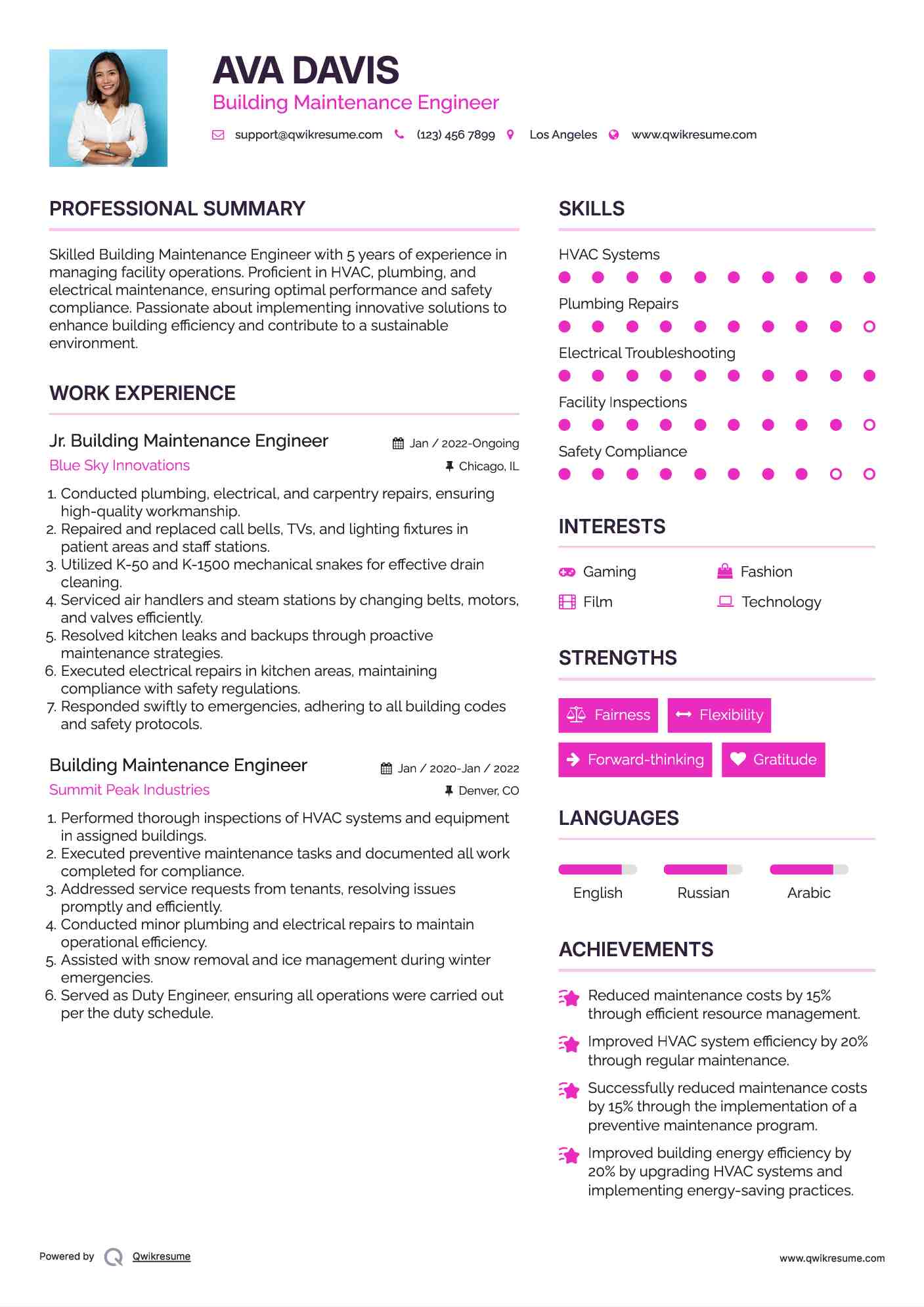 Jr. Building Maintenance Engineer Resume Example