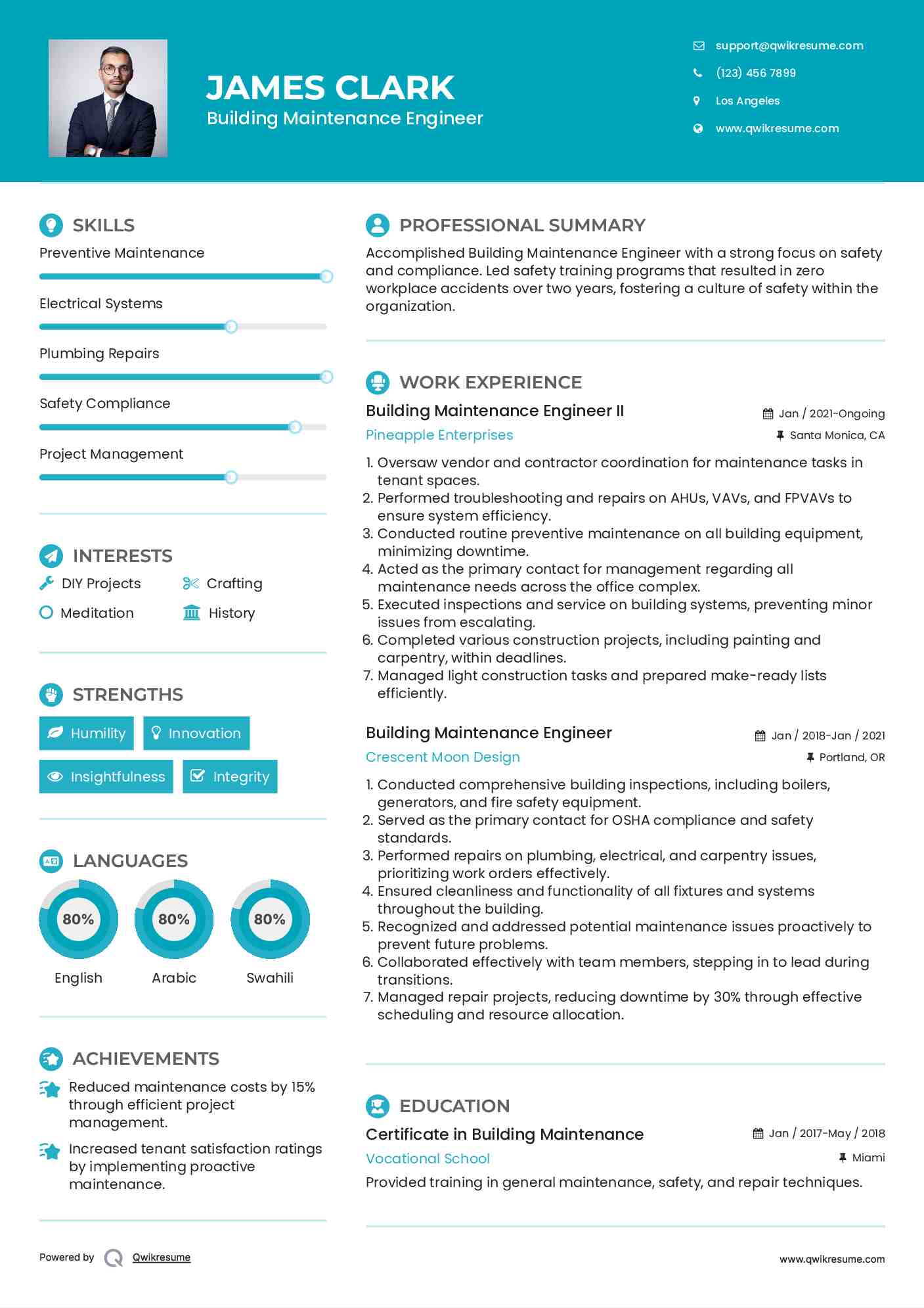 Building Maintenance Engineer II Resume Sample