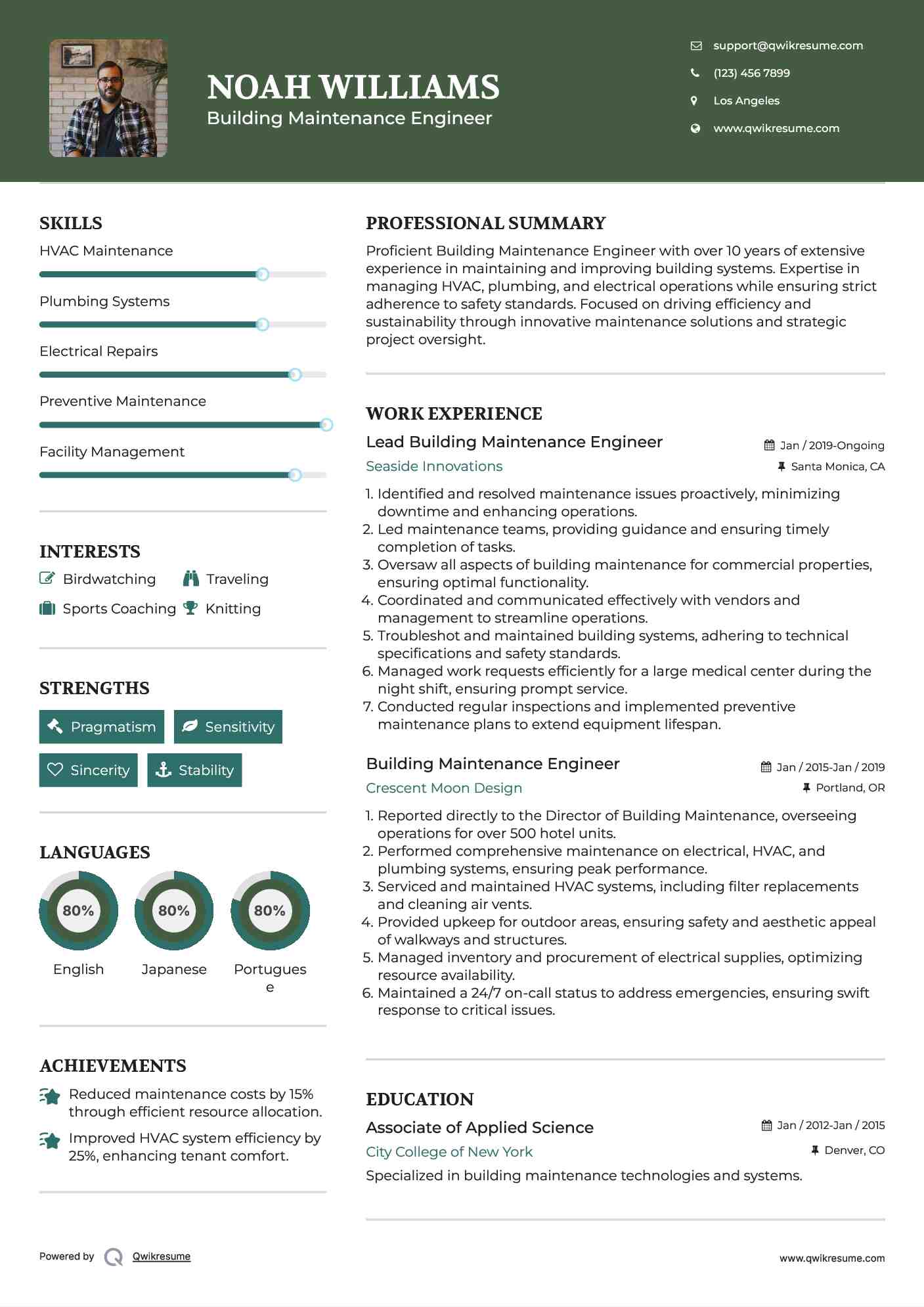 Lead Building Maintenance Engineer Resume Example