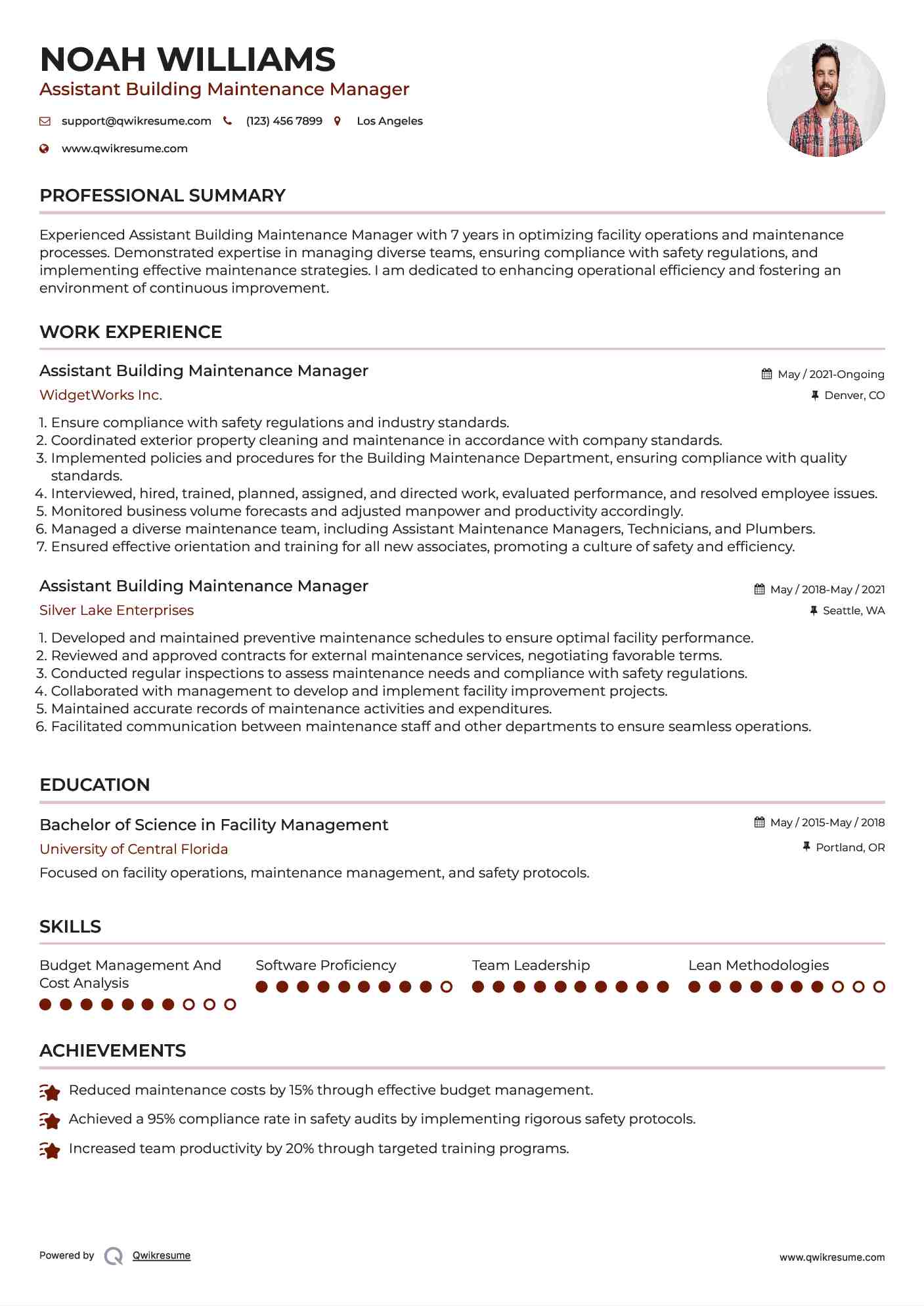 Assistant Building Maintenance Manager Resume Model