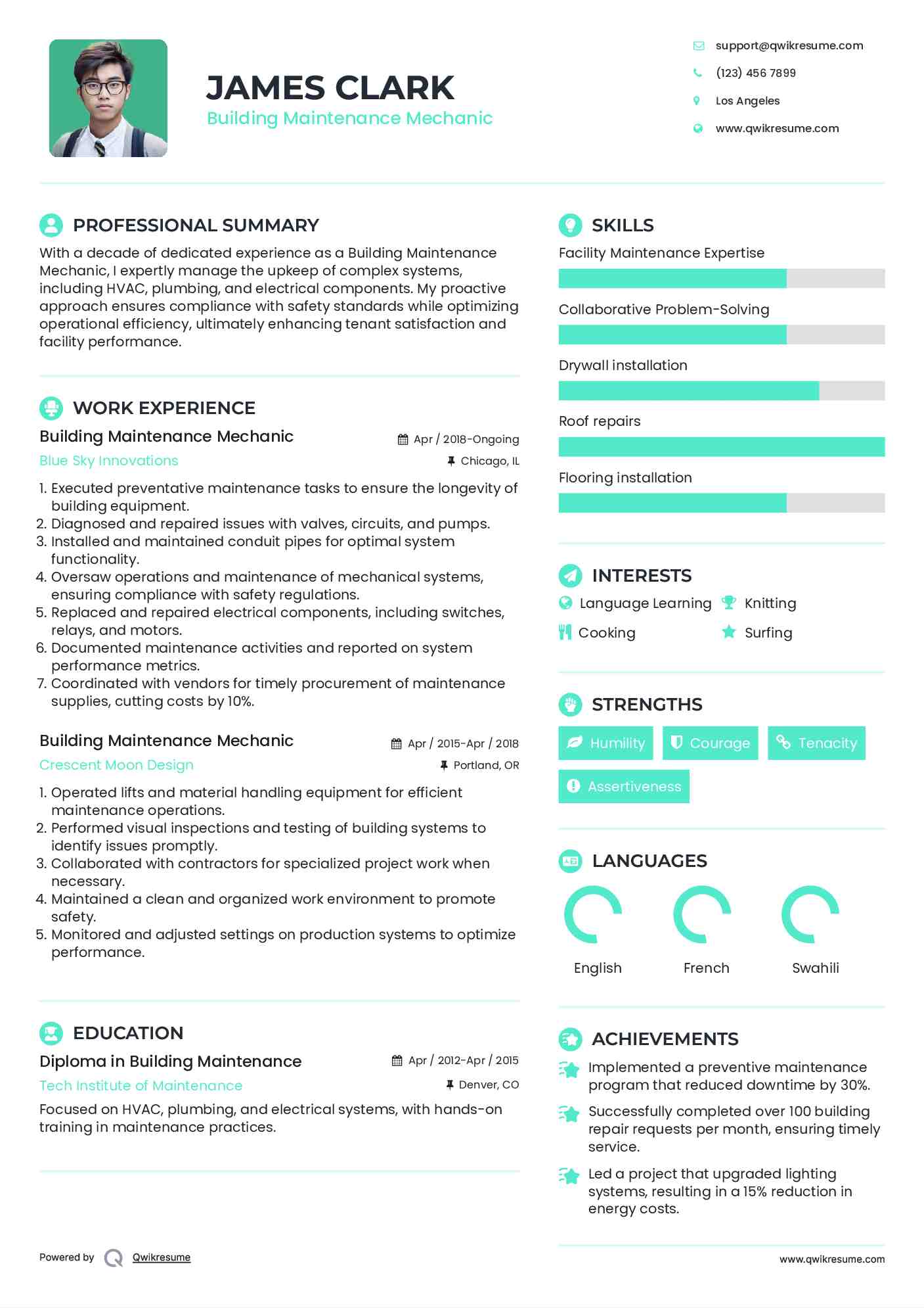 Building Maintenance Mechanic Resume Template