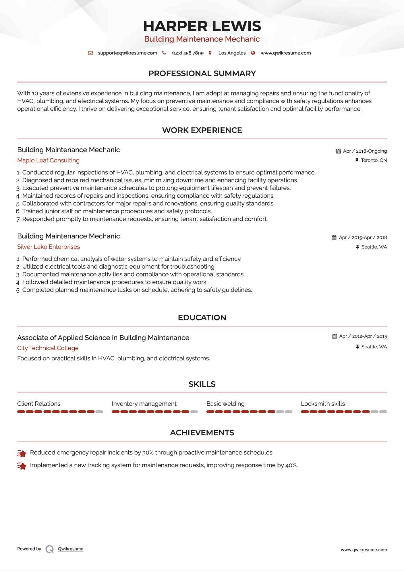 Building Maintenance Mechanic Resume Example