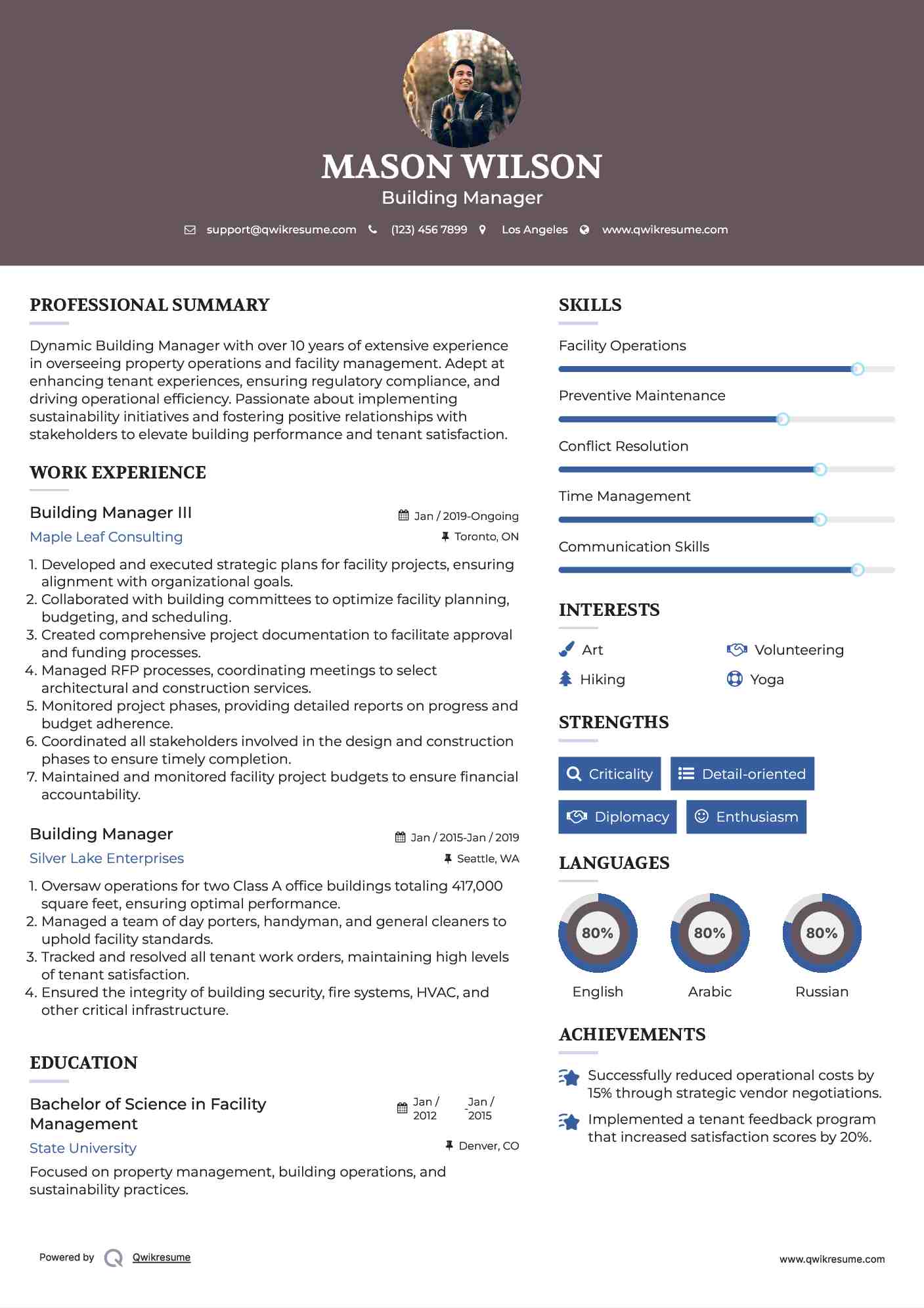 Building Manager III Resume Sample
