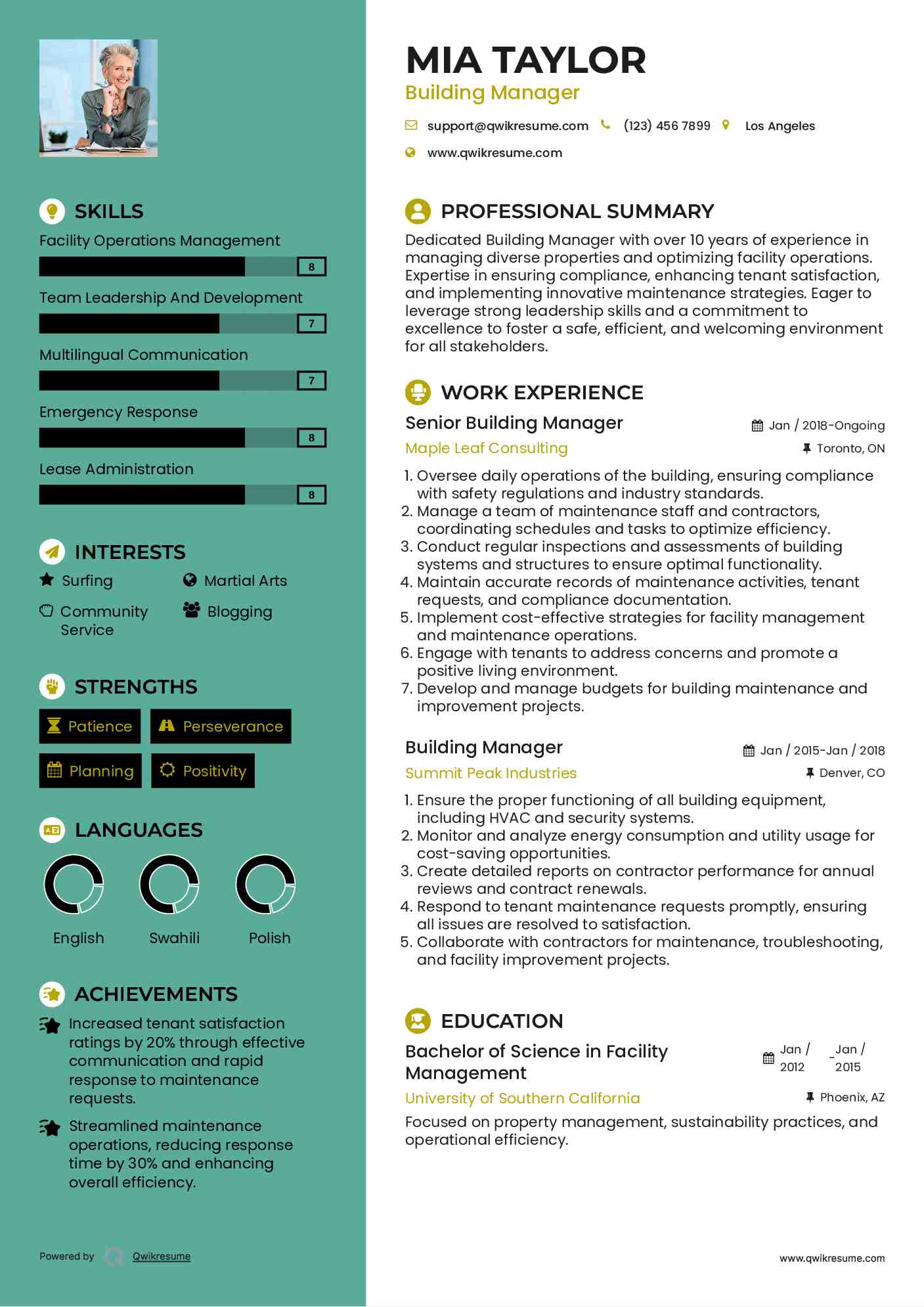 Senior Building Manager Resume Format