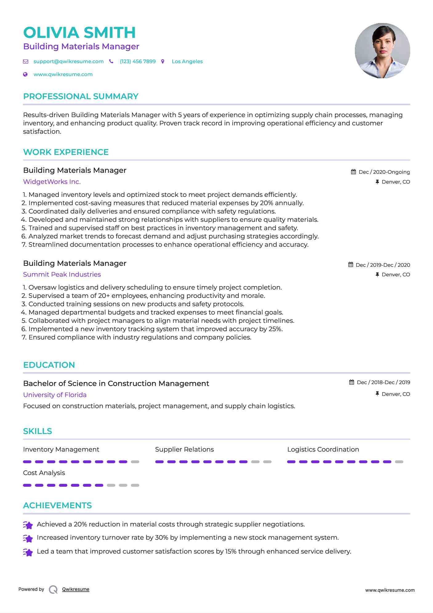 Building Materials Manager Resume Format