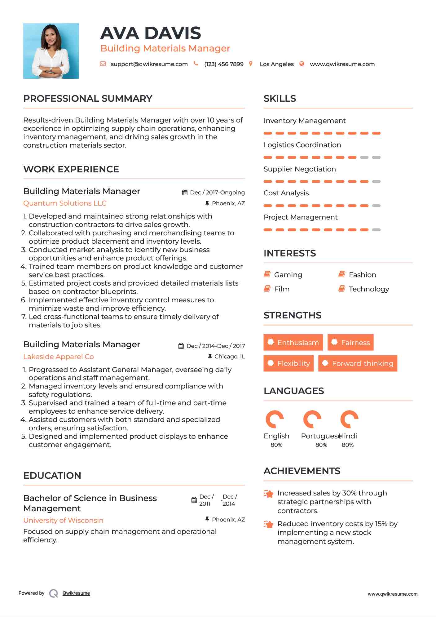 Building Materials Manager Resume Example