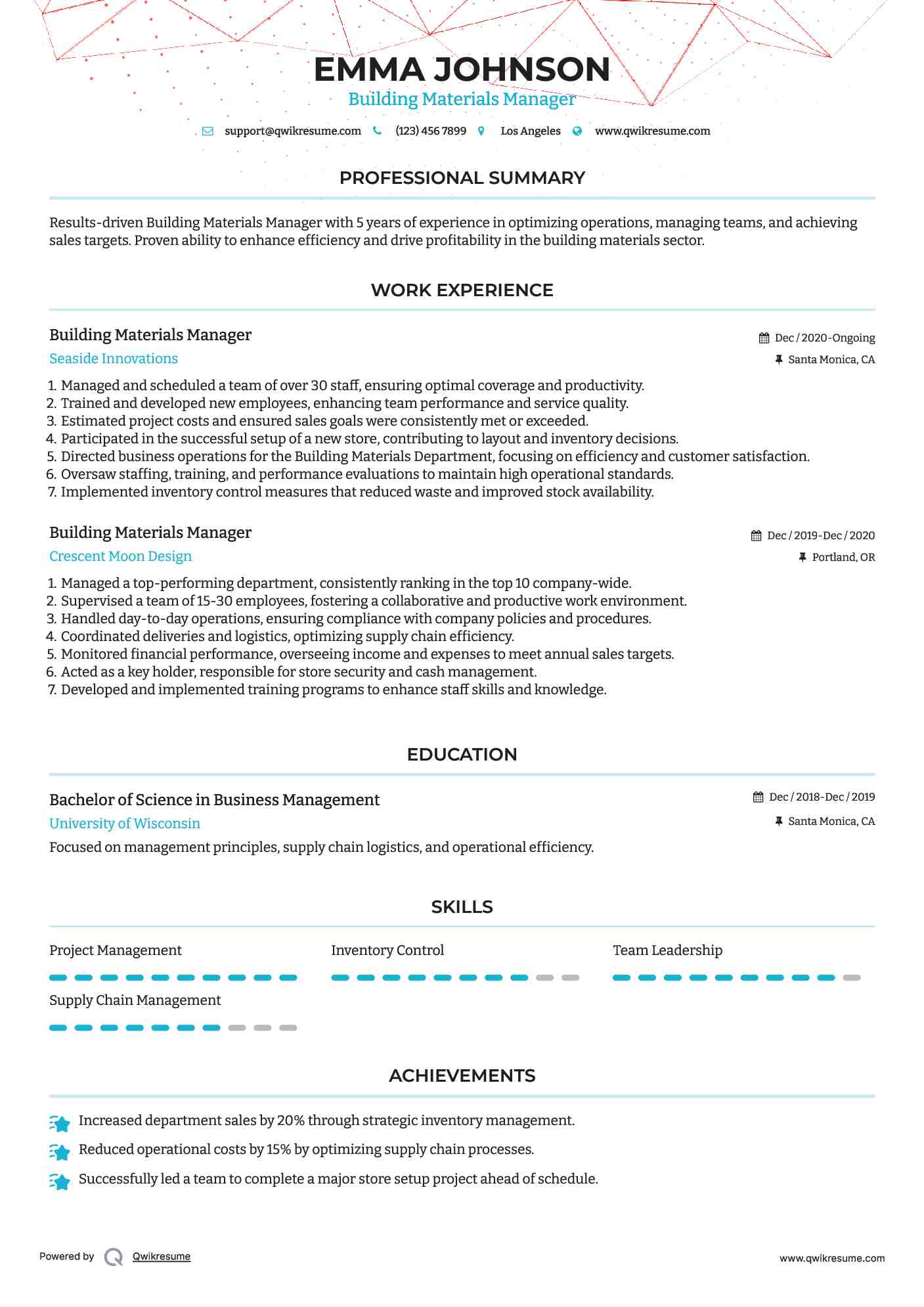 Building Materials Manager Resume Model