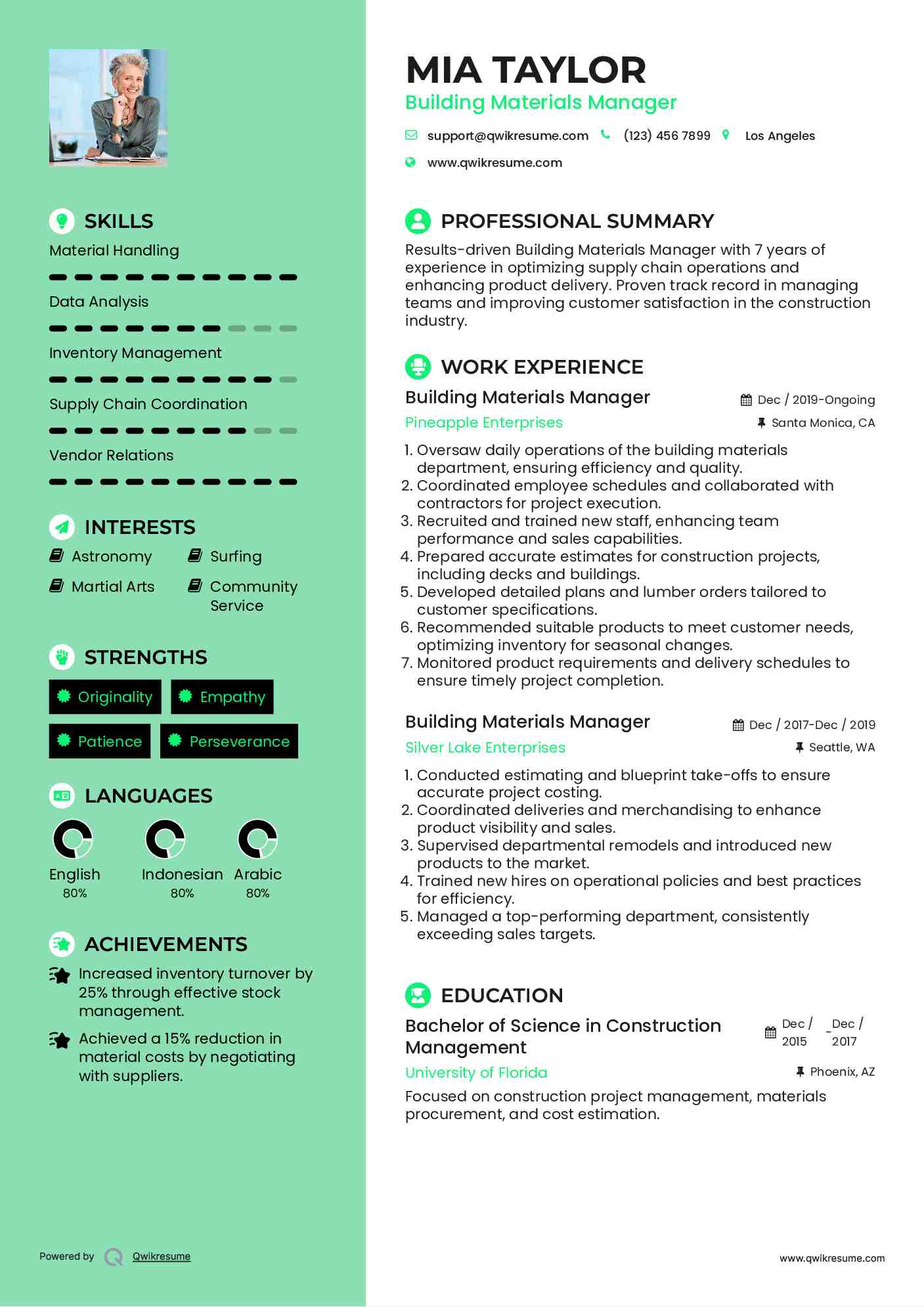 Building Materials Manager Resume Model