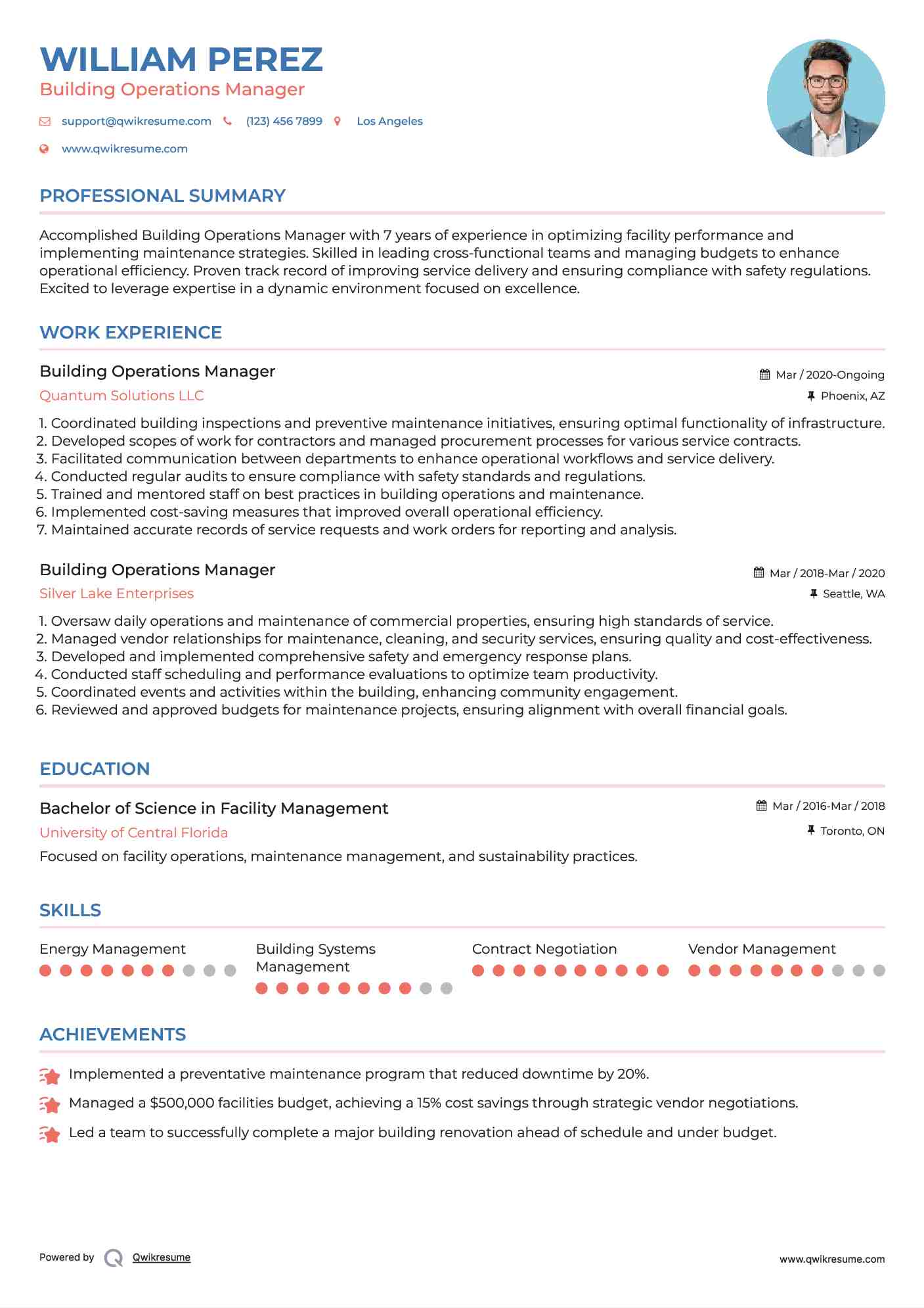 Building Operations Manager Resume Example