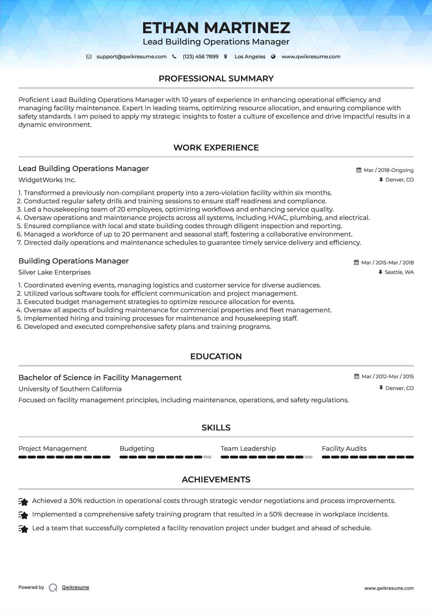 Lead Building Operations Manager Resume Model