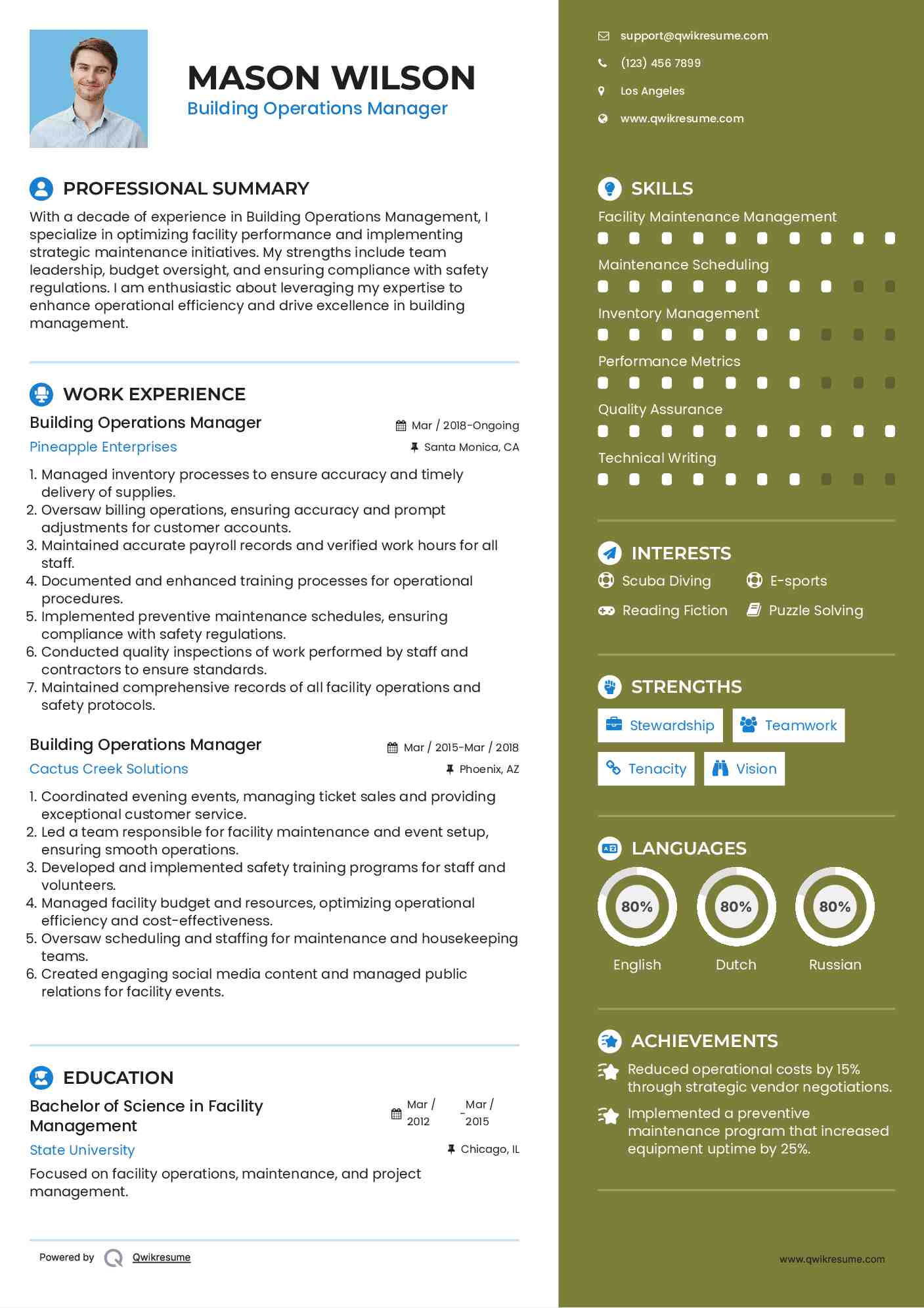 Building Operations Manager Resume Sample