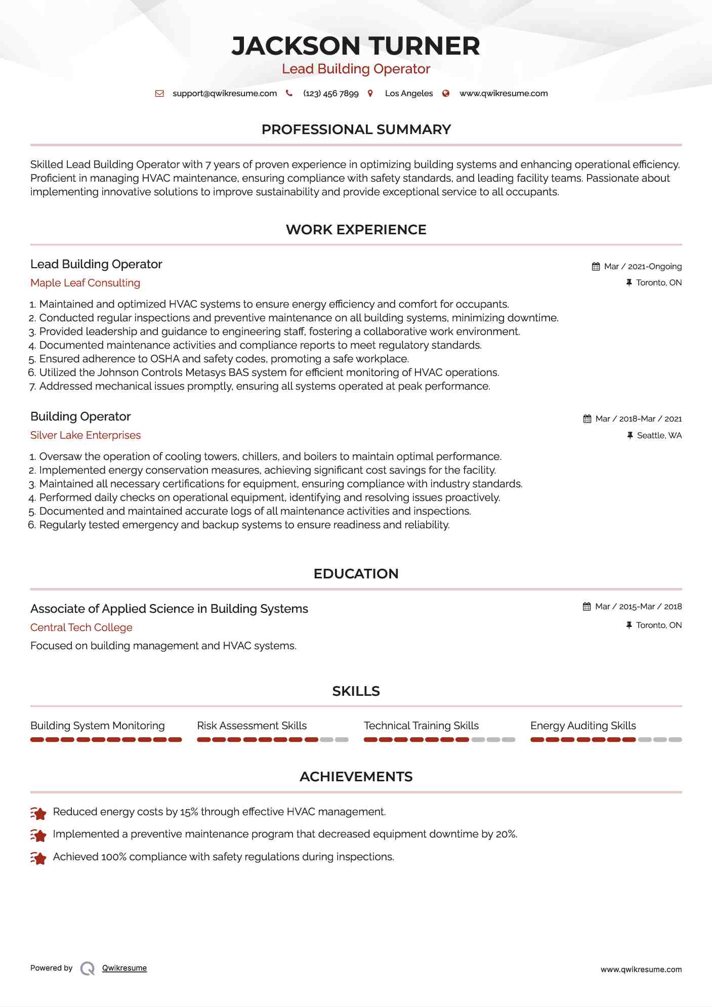 Lead Building Operator Resume Model