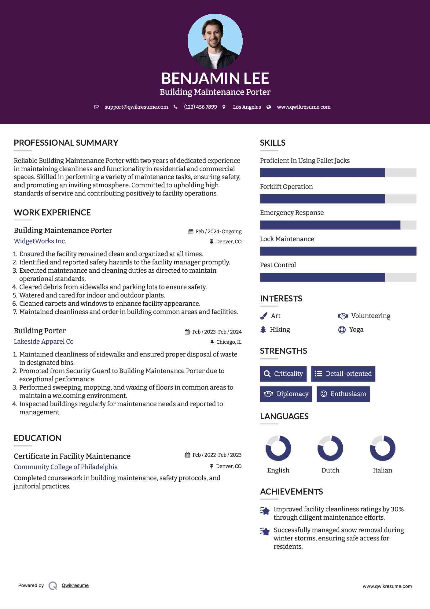 Building Maintenance Porter Resume Format