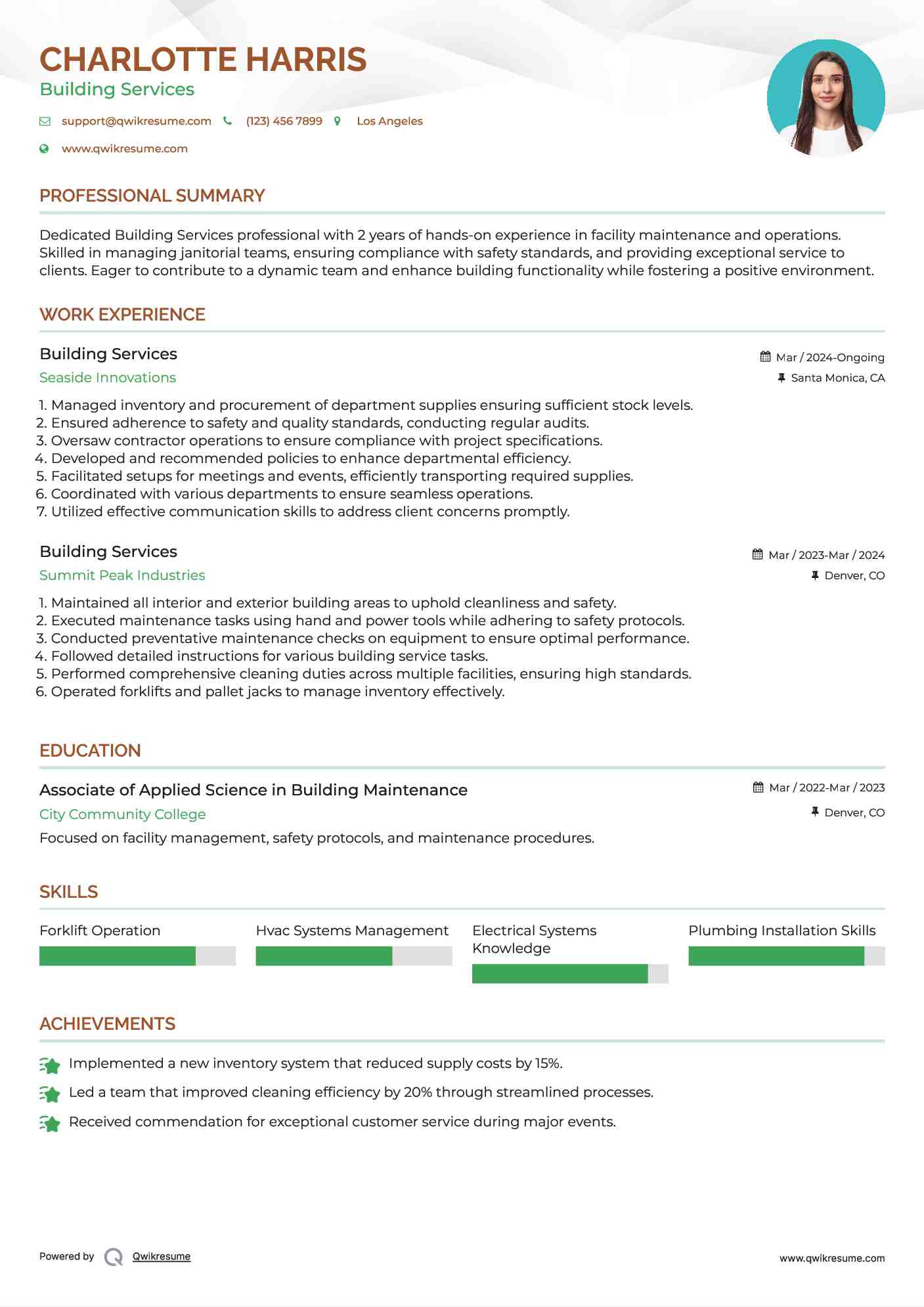 Building Services Resume Example