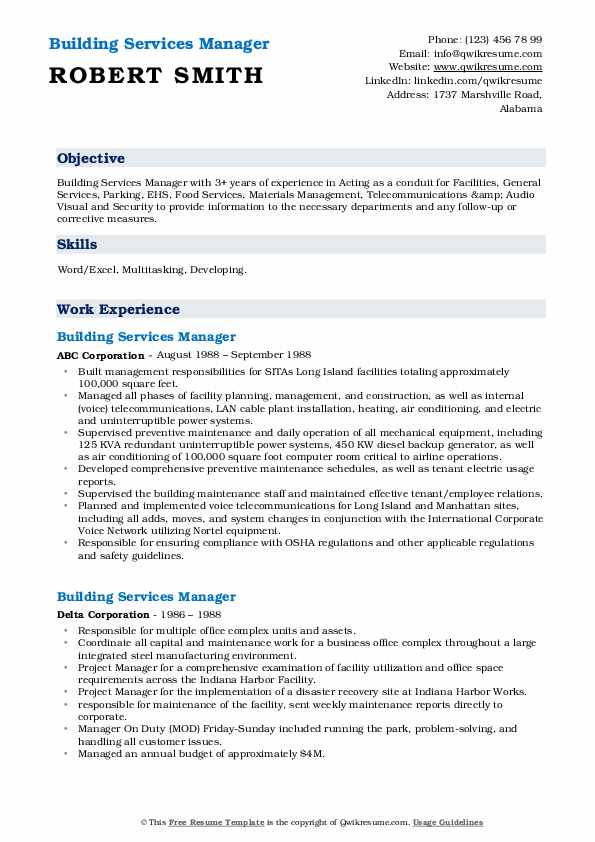 Building Services Manager Resume Samples QwikResume