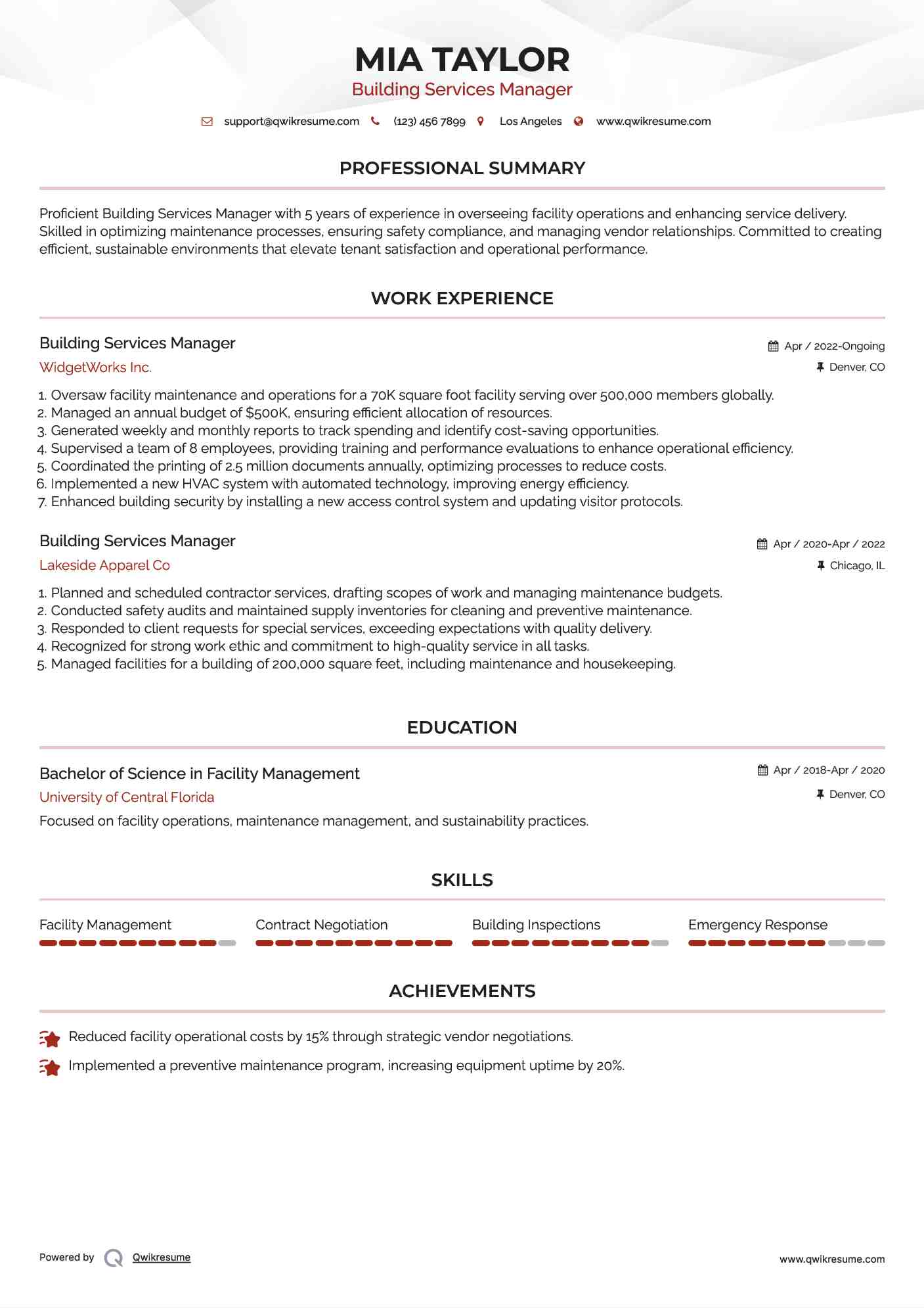 Building Services Manager Resume Model