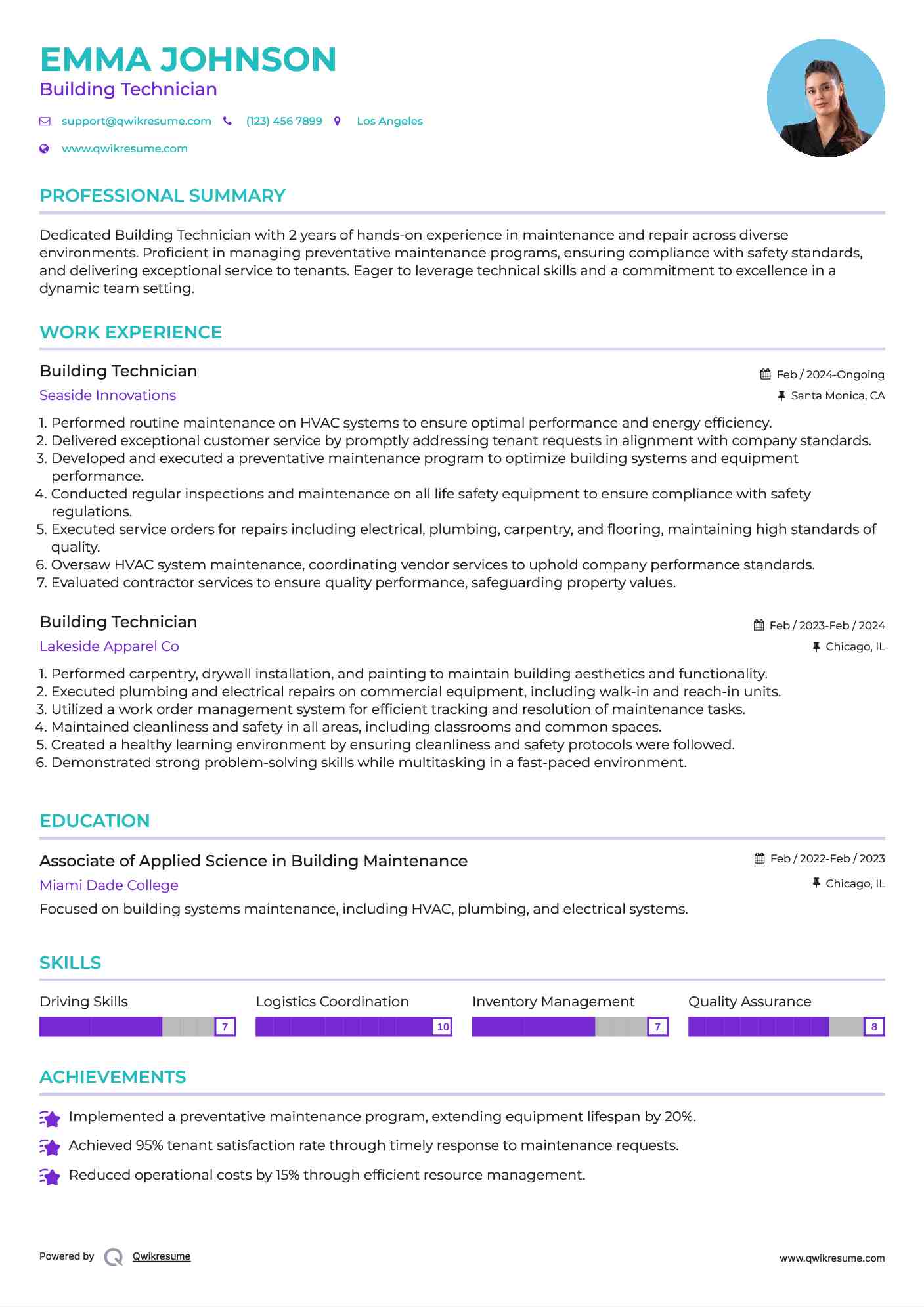 Building Technician Resume Sample