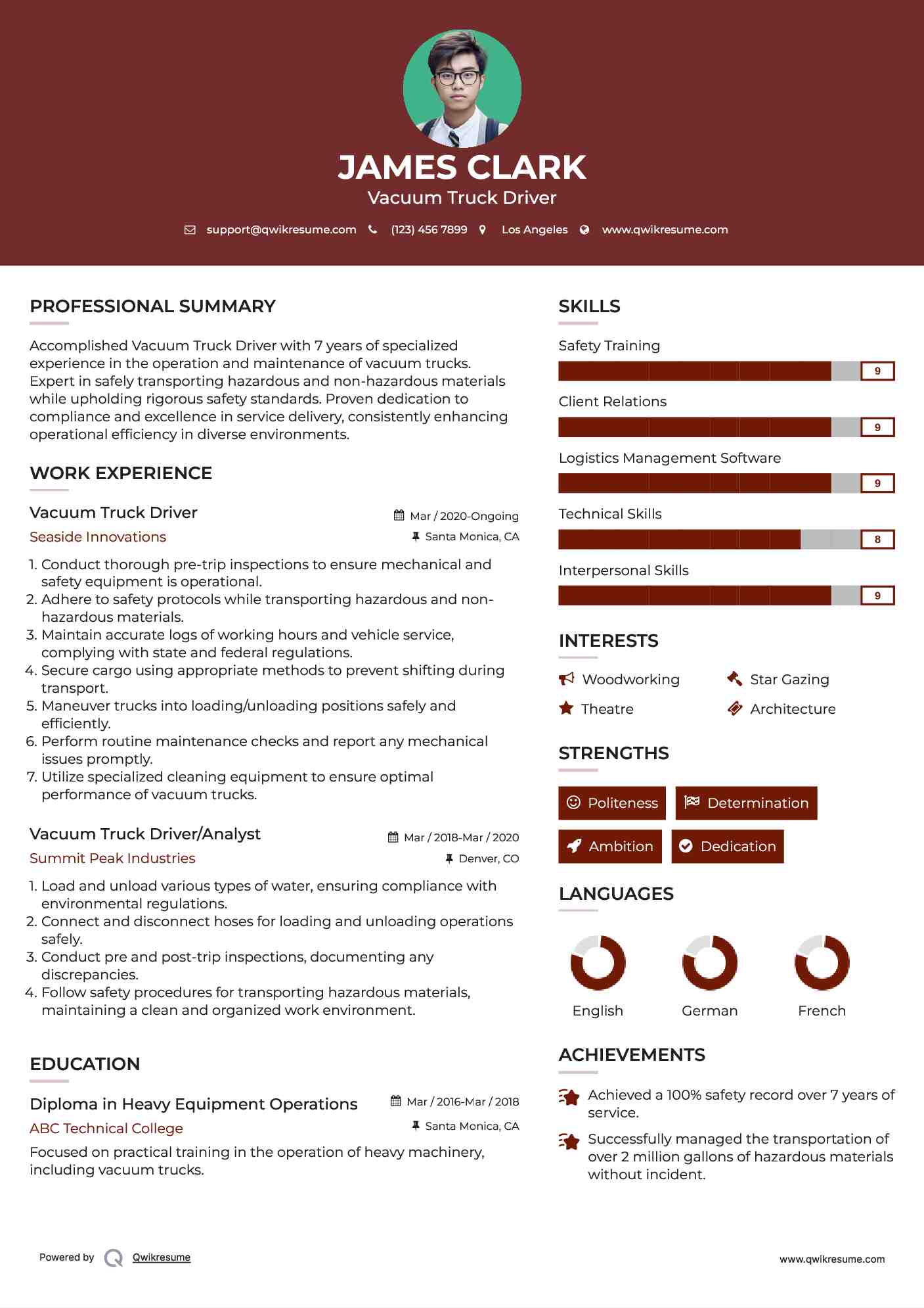 Vacuum Truck Driver Resume Model