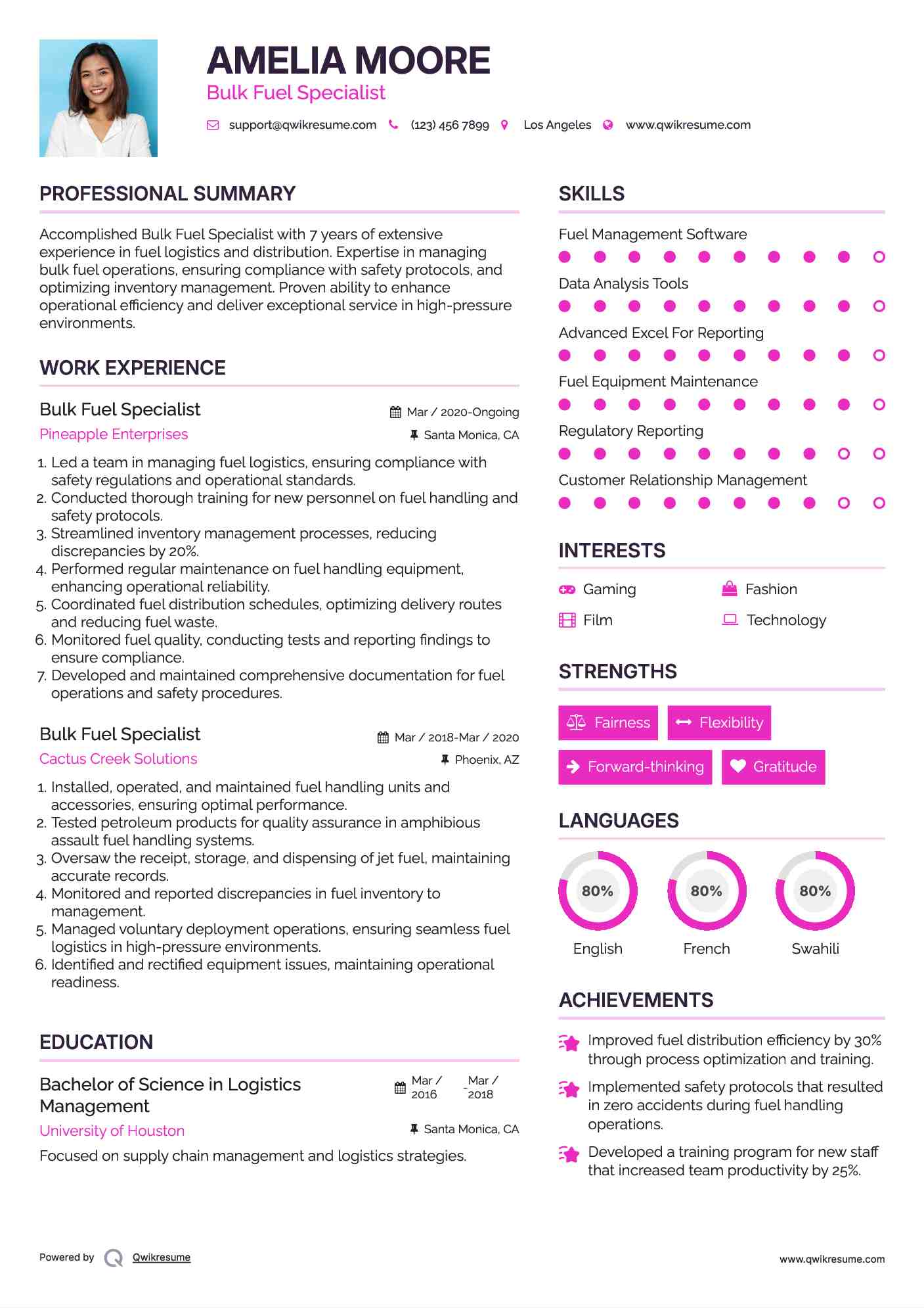 Bulk Fuel Specialist Resume Example