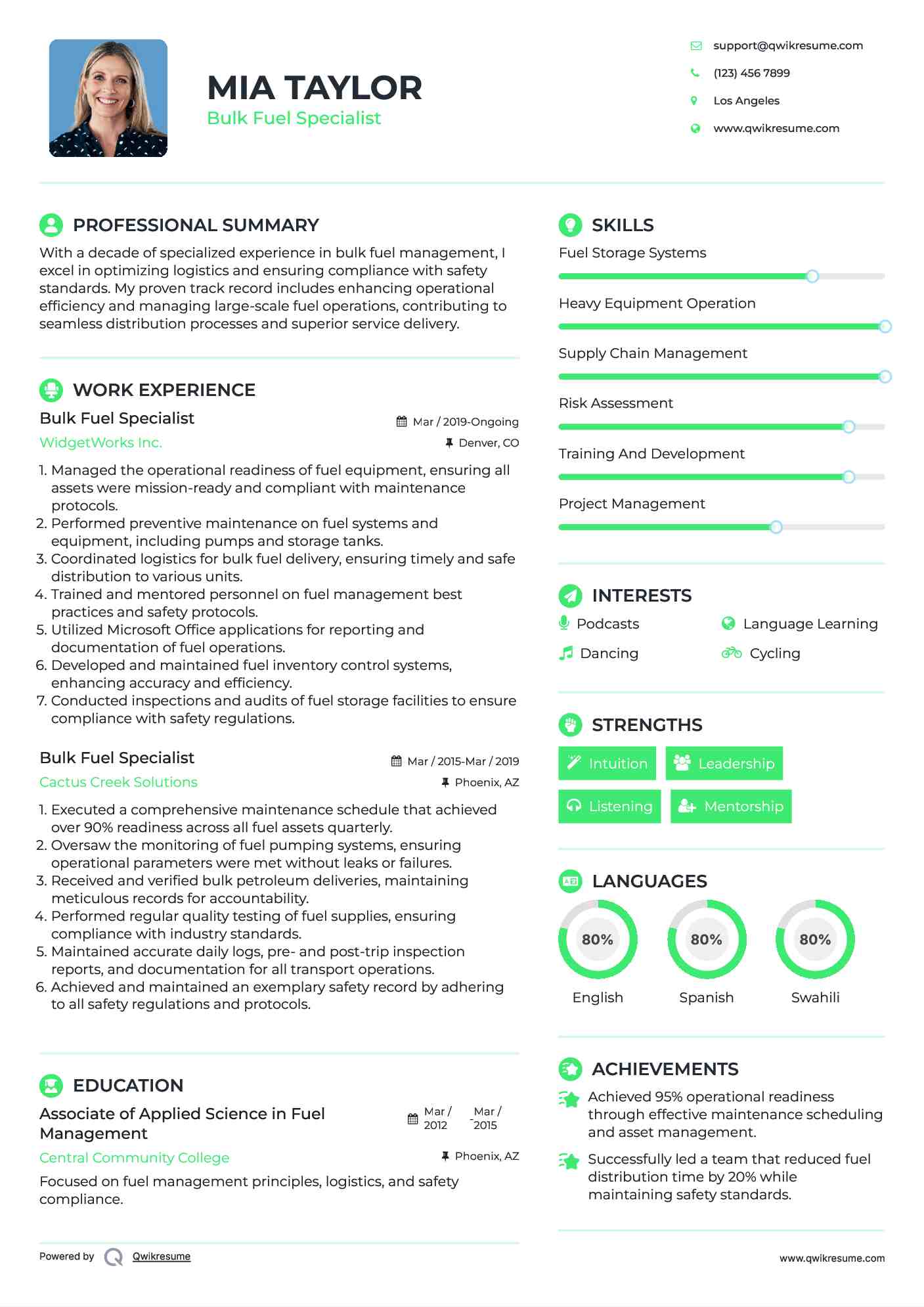 Bulk Fuel Specialist Resume Template