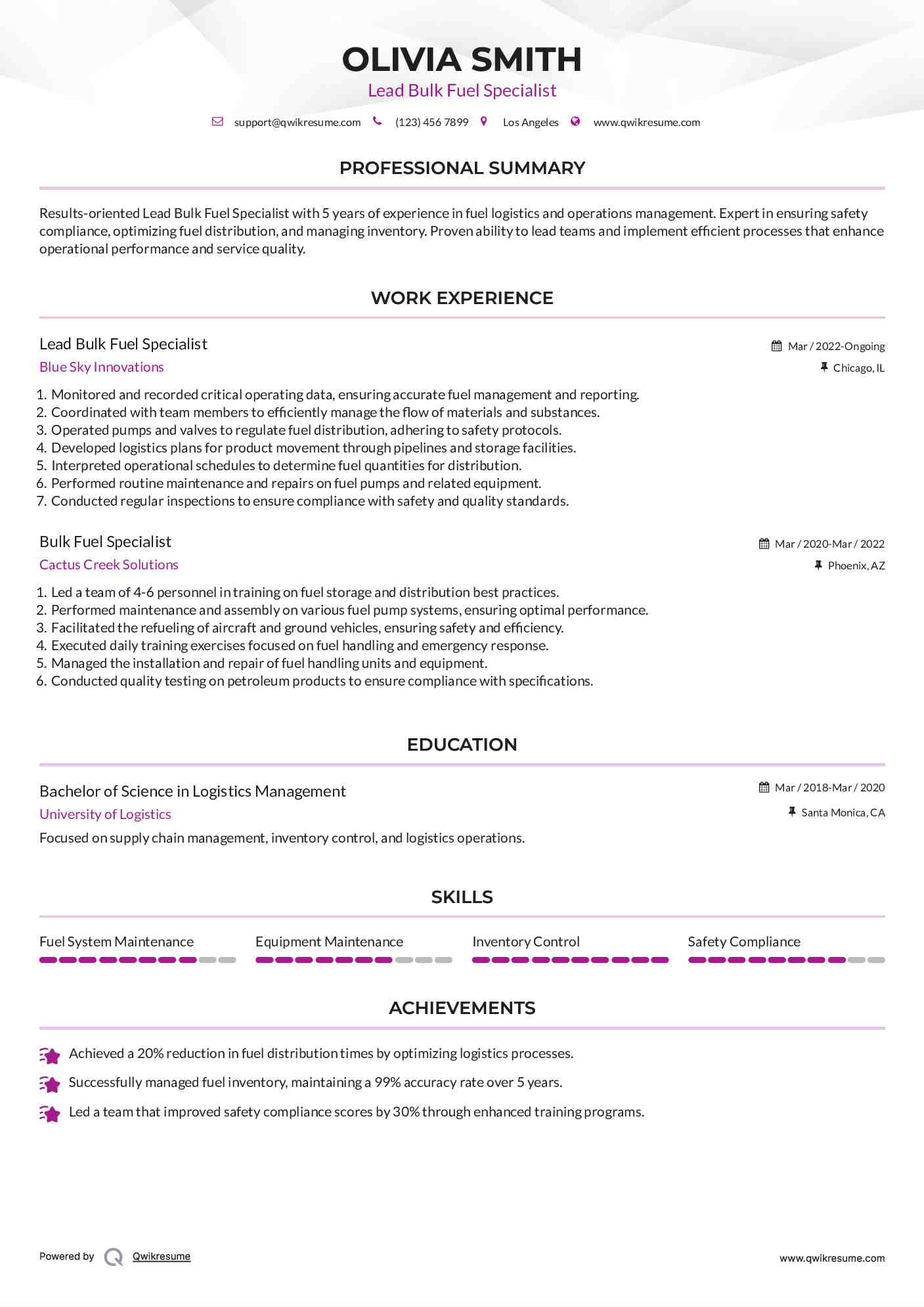 Lead Bulk Fuel Specialist Resume Sample