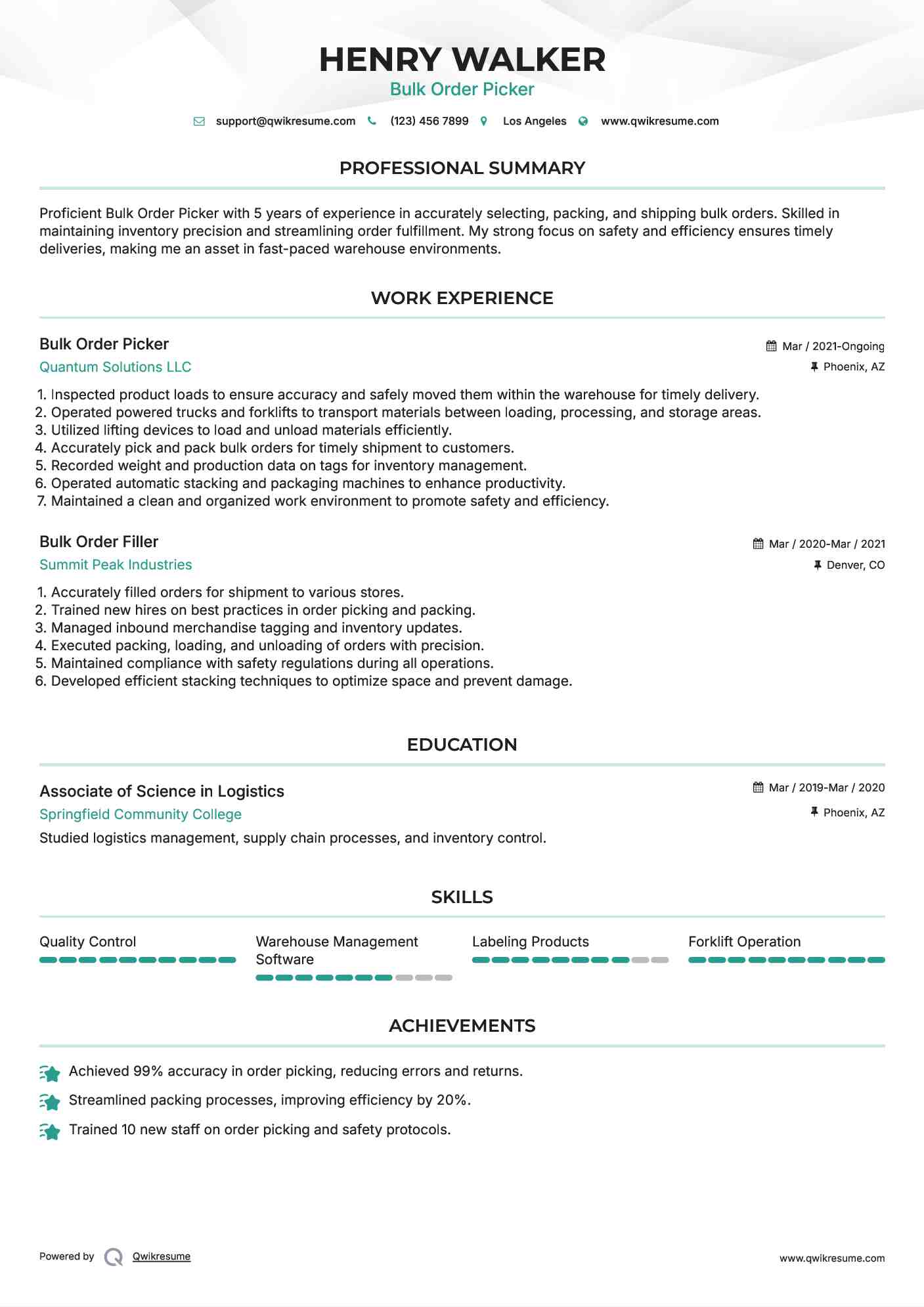 Bulk Order Picker Resume Template