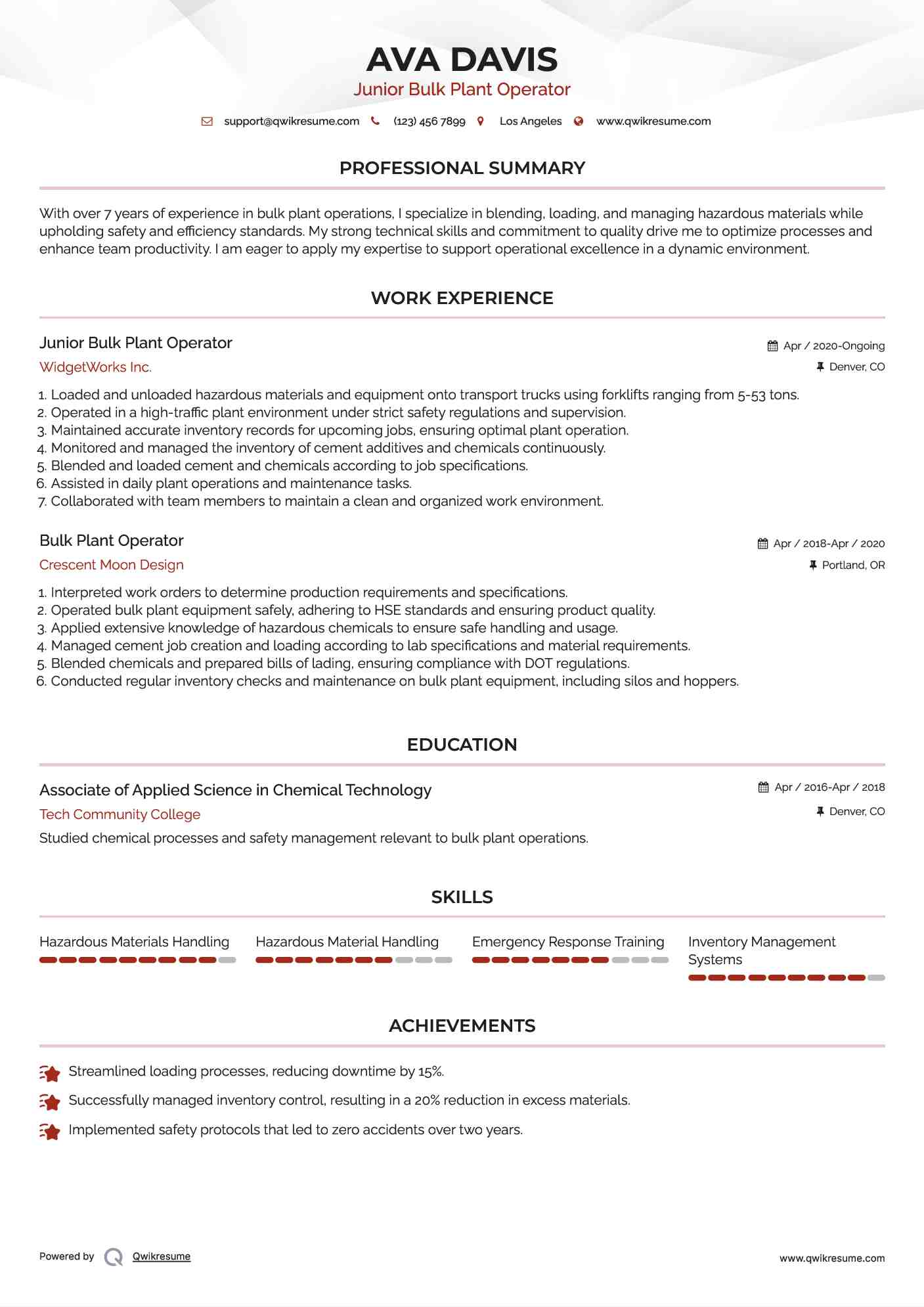 Junior Bulk Plant Operator Resume Model