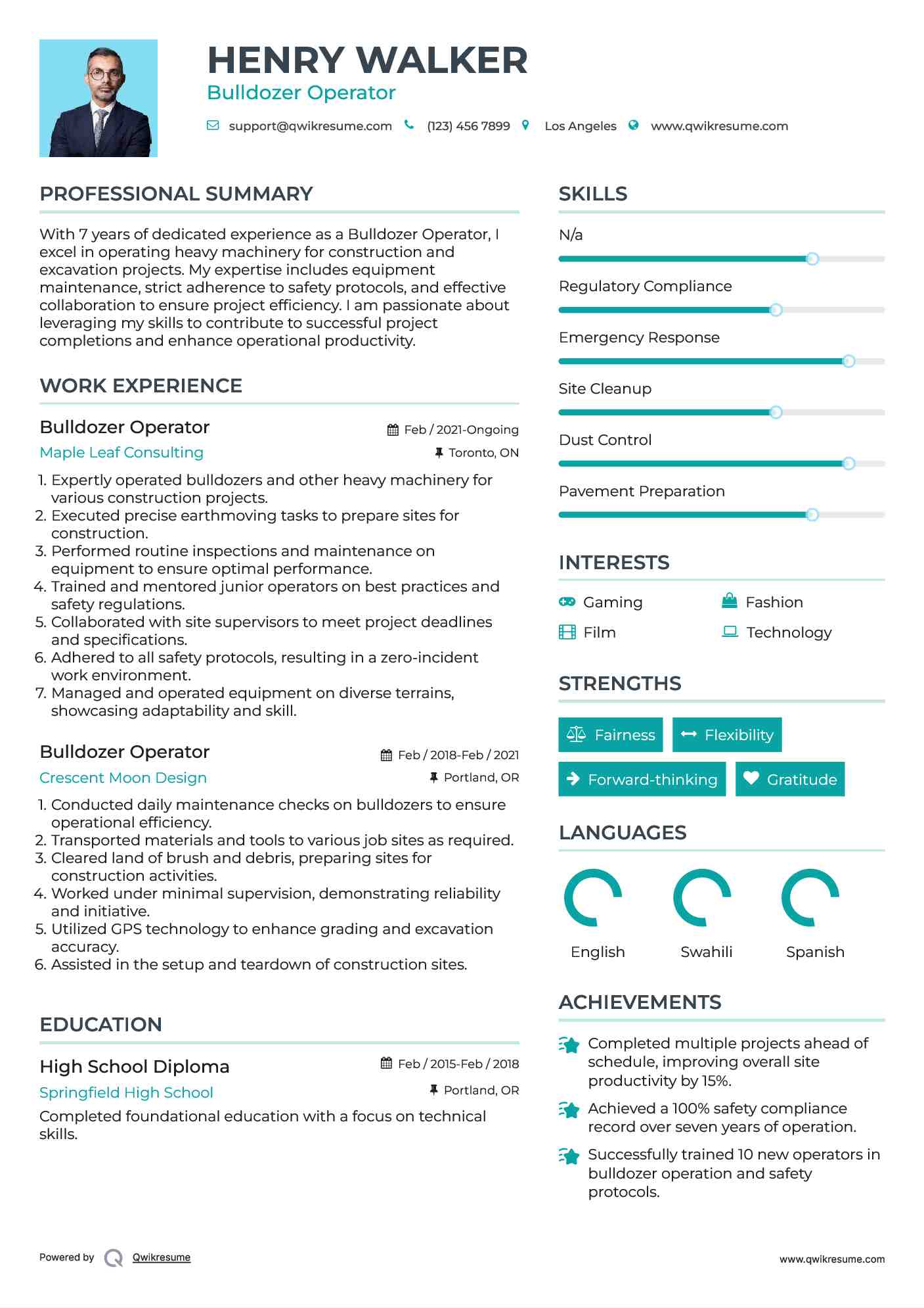 Bulldozer Operator Resume Sample