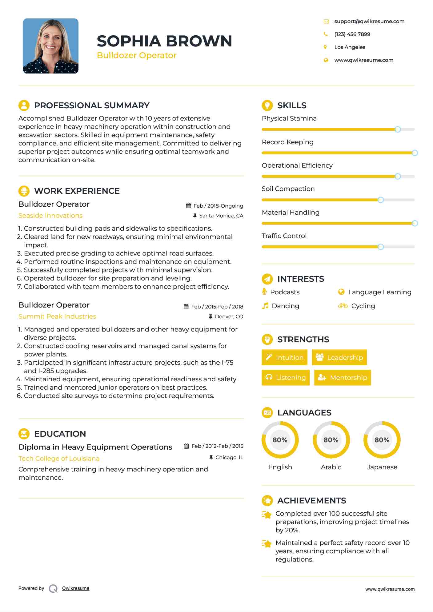 Bulldozer Operator Resume Model