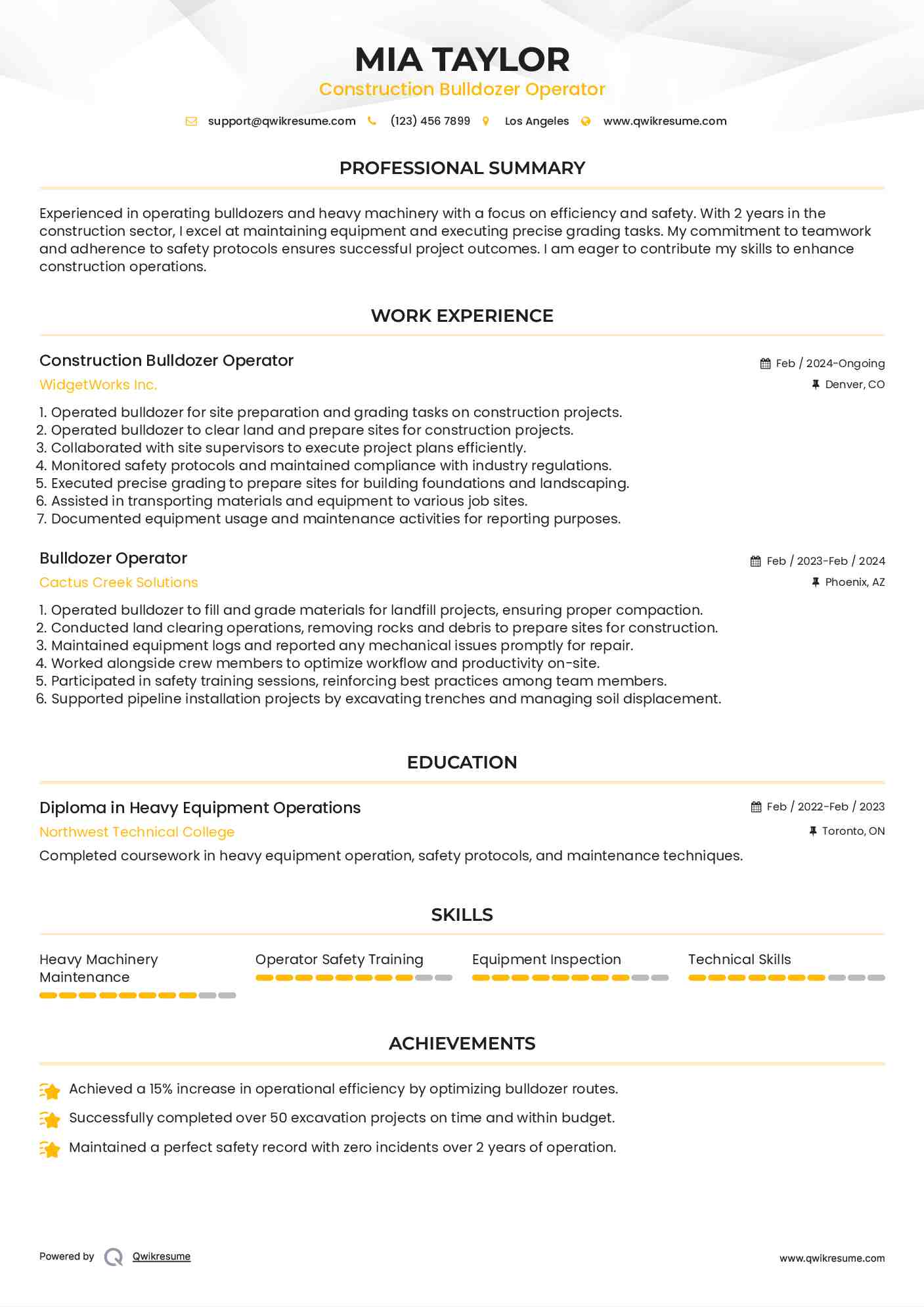 Construction Bulldozer Operator Resume Model