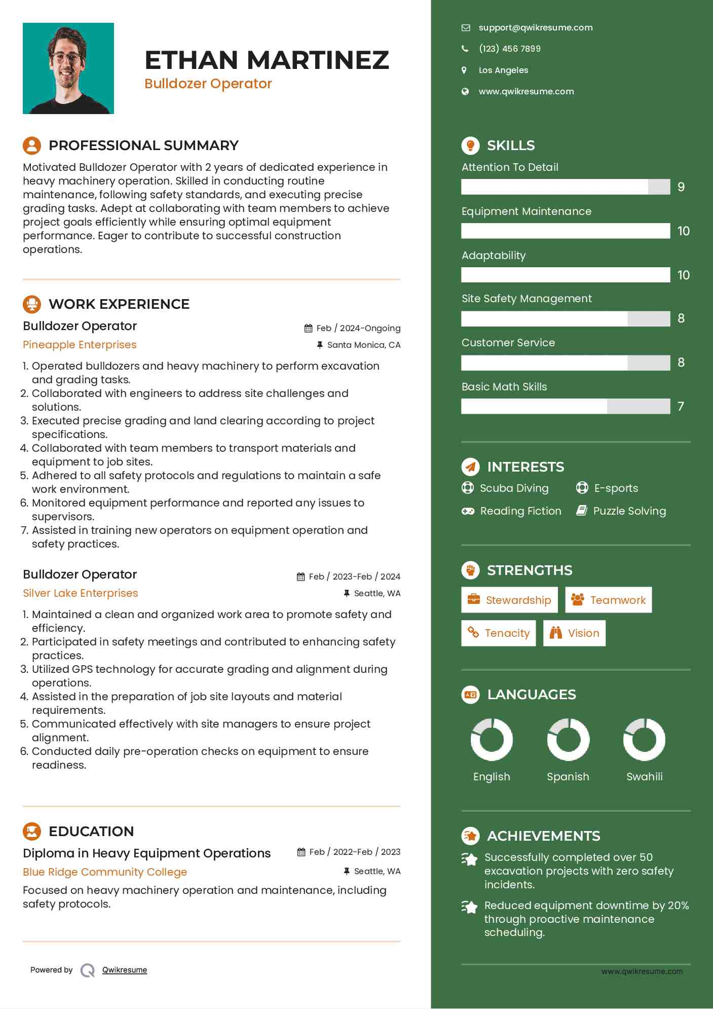 Bulldozer Operator Resume Sample