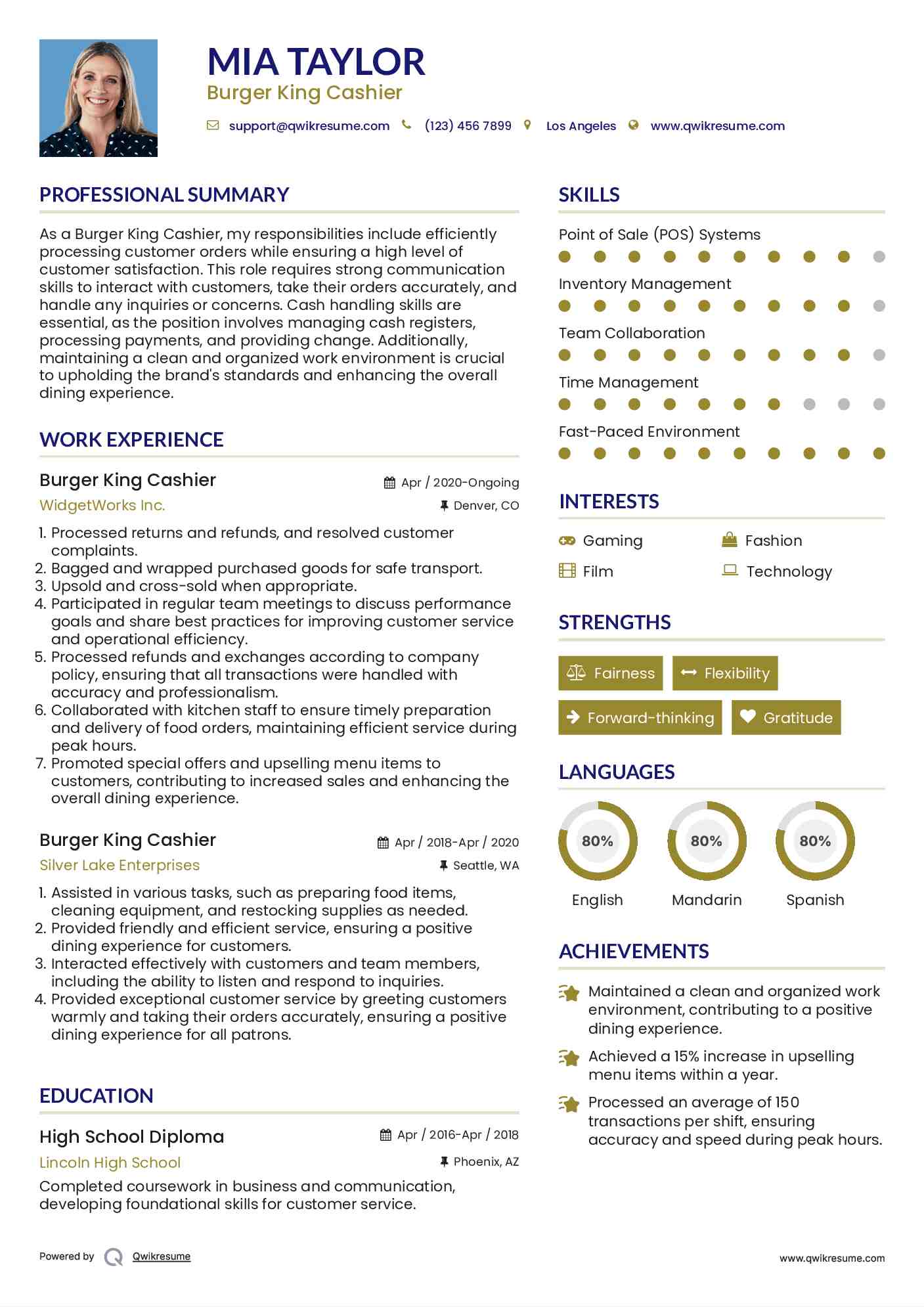 Burger King Cashier Resume Example