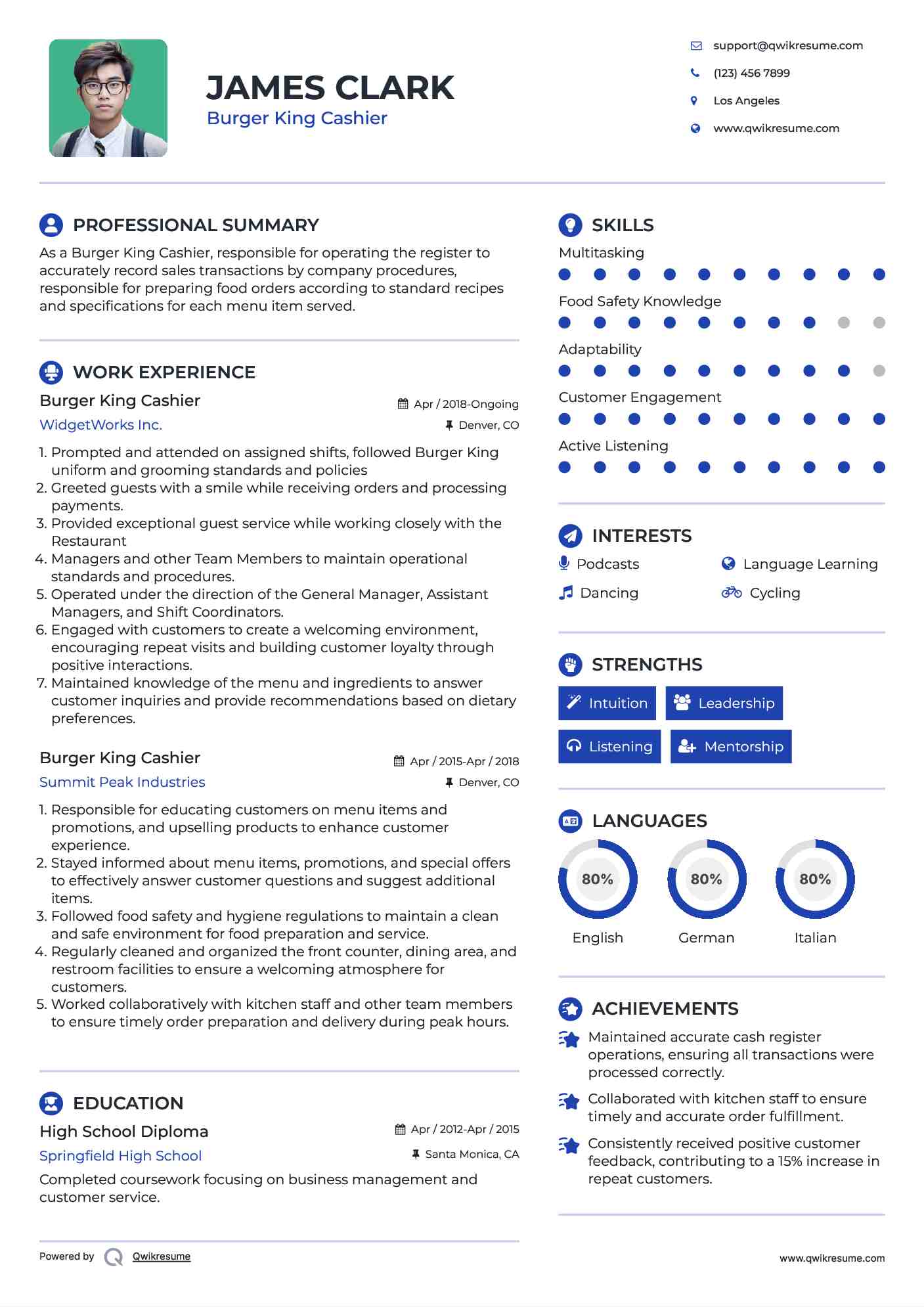 Burger King Cashier Resume Model