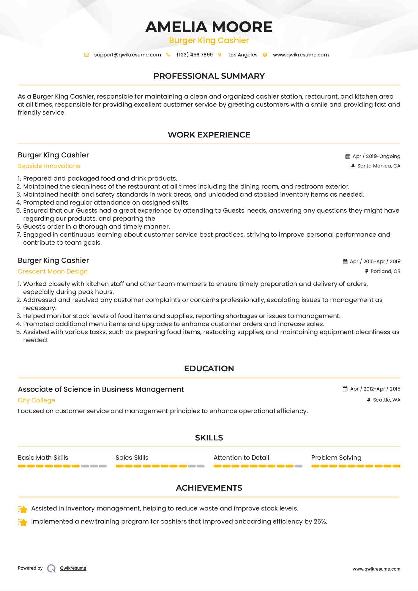 Burger King Cashier Resume Format